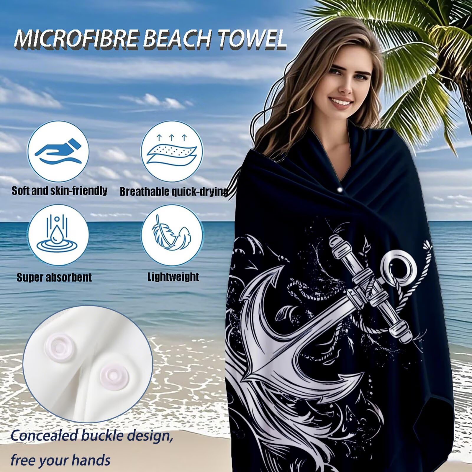 Telo Mare Microfibra, Telo Mare Grande 200x100 cm Set da 2, Antisabbia Asciugatura Rapida Assorbente Salvietta da Spiaggia Asciugamano per Palestra Piscina Viaggi Picnic, Regali Donna Ancorare Q-786