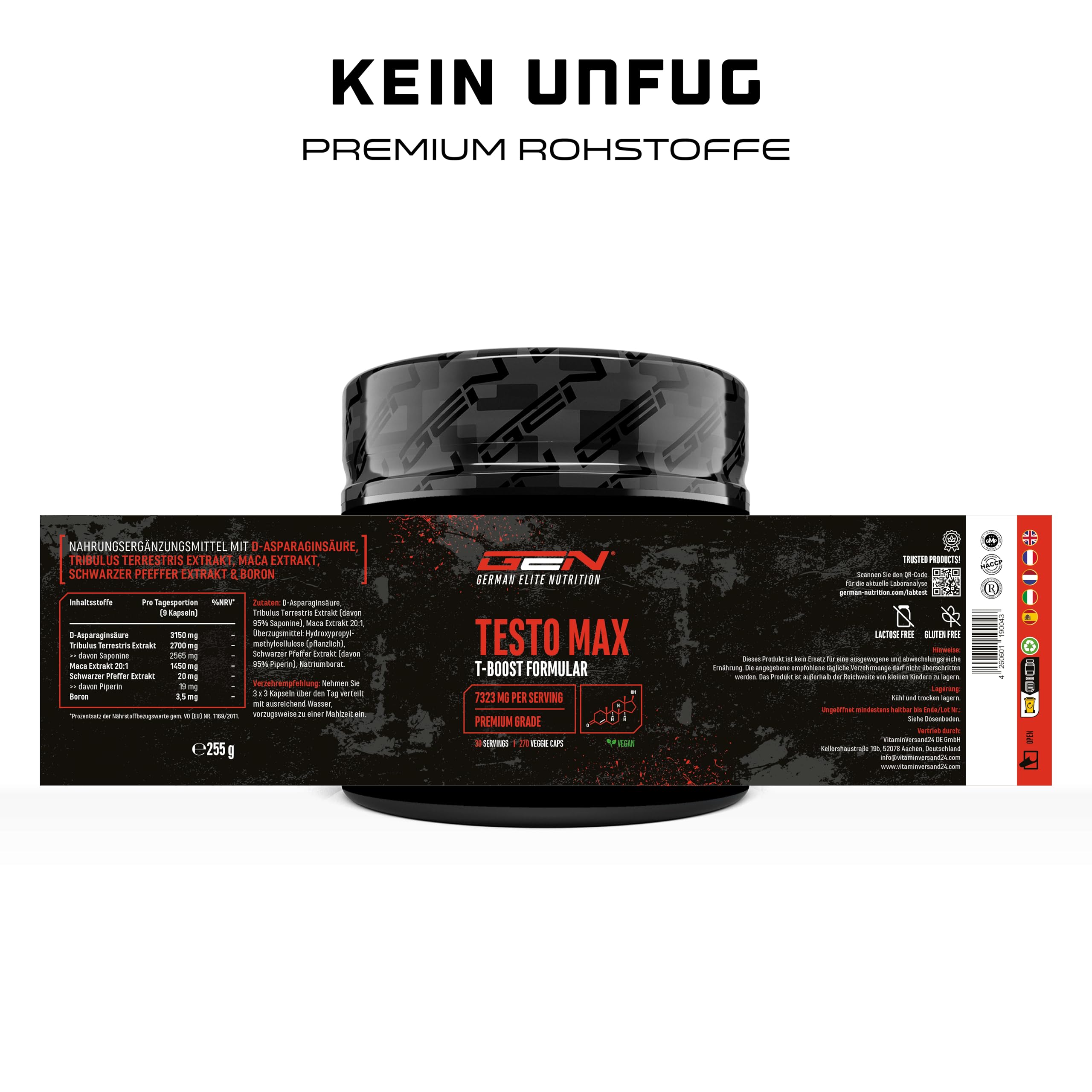 Testo MAX - 270 cápsulas - Extra fuerte: Altamente dosificado con 7320 mg por porción diaria - Con aminoácidos, extractos de plantas Tribulus y Maca, Boron, ácido D-Aspártico - Vegano