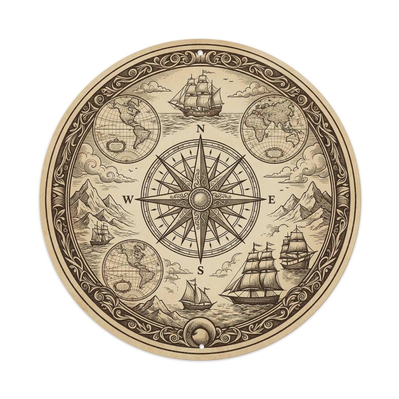 Vintage Nautical Compass World Map Measuring Heritage Metal Tin Sign