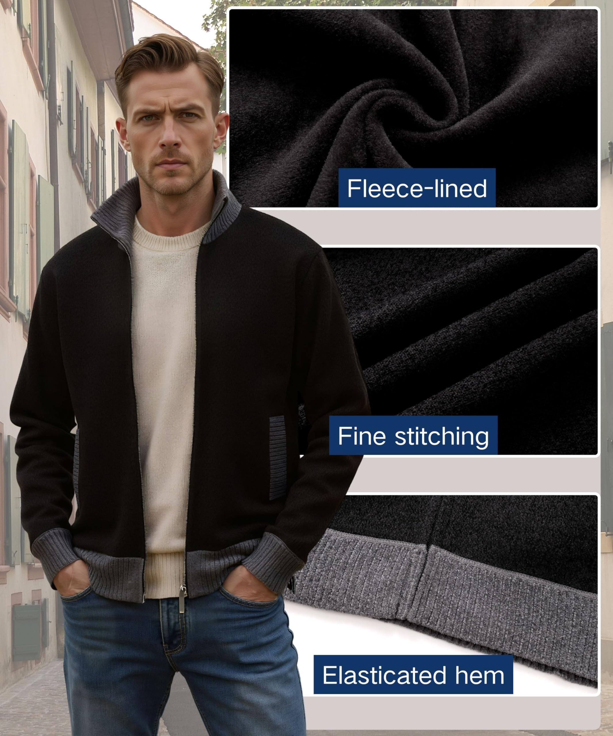 Chaqueta de Cuello Alto Slim Fit Cárdigan Hombre Mangas Largas Cremallera Forro Polar Invierno