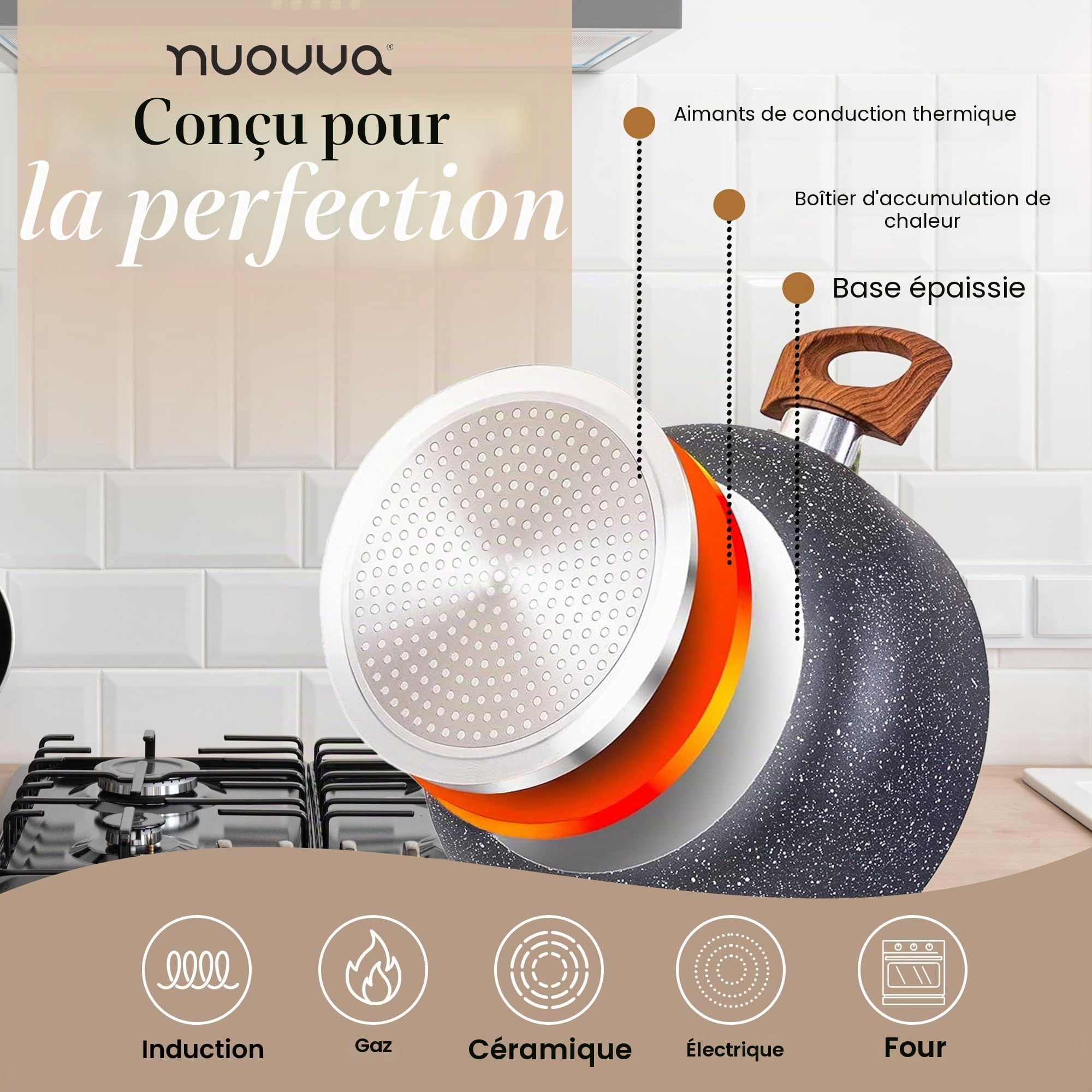 Ensemble de casseroles et poêles antiadhésives - Plaque à induction - Batterie de cuisine 8 pièces avec couvercle - Cuisiner avec marmite et poêles en marbre - par Nuovva