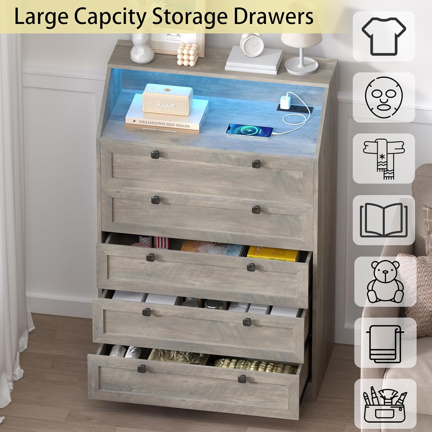 Grey Dresser Tall 5 Drawer Dresser for Bedroom, Wood Chest of Drawers with LED Lights, Charging Station, Metal Handles, Modern Storage Cabinet and Organizer Drawers for Living Room, Hallway
