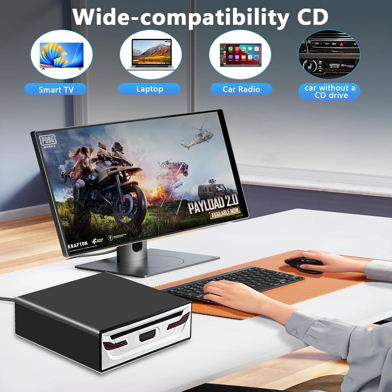 Portable External CD Player for Car - Plug and Play Universal USB CD Drive, Compatible with Android 4.4+/TV/MacBook Pro/Laptop/Desktop, Plug & Play
