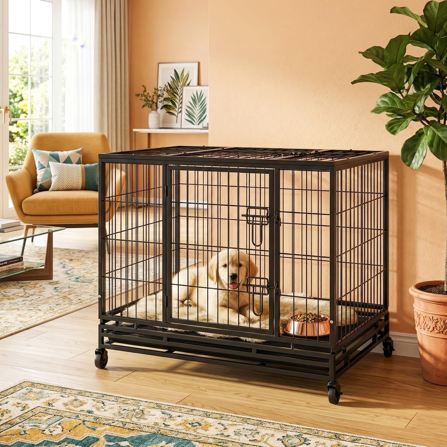 BestPet 36 Inch Heavy Duty Dog Crate, Indestructible Escape-Proof Kennel with Double Door & Removable Tray for Medium to Large Dogs,Black
