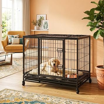 BestPet 36-Inch Heavy Duty Dog Crate, Indestructible Escape-Proof Metal Kennel with Double Door & Removable Tray, Indoor Outdoor Dog Cage for Medium to Large Dogs, Black