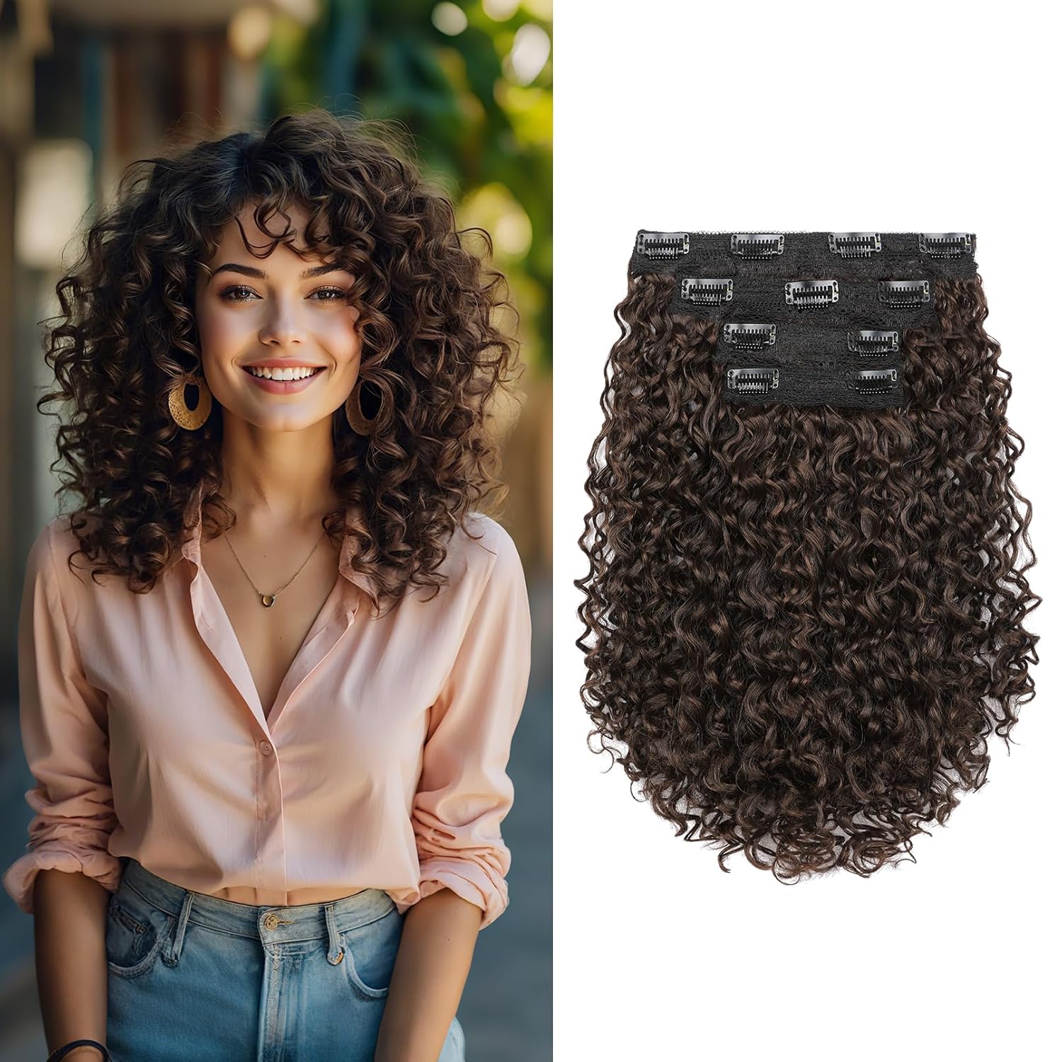 FLUFYMOOZ 4PC Clip in Hair Extensions, 14 Inch 100％ Pure Protein Silk Short Hairpiece Deep Curly Wavy Hair Extensions Clip in Natural Soft Hairpiece for Women-Reddish Brown