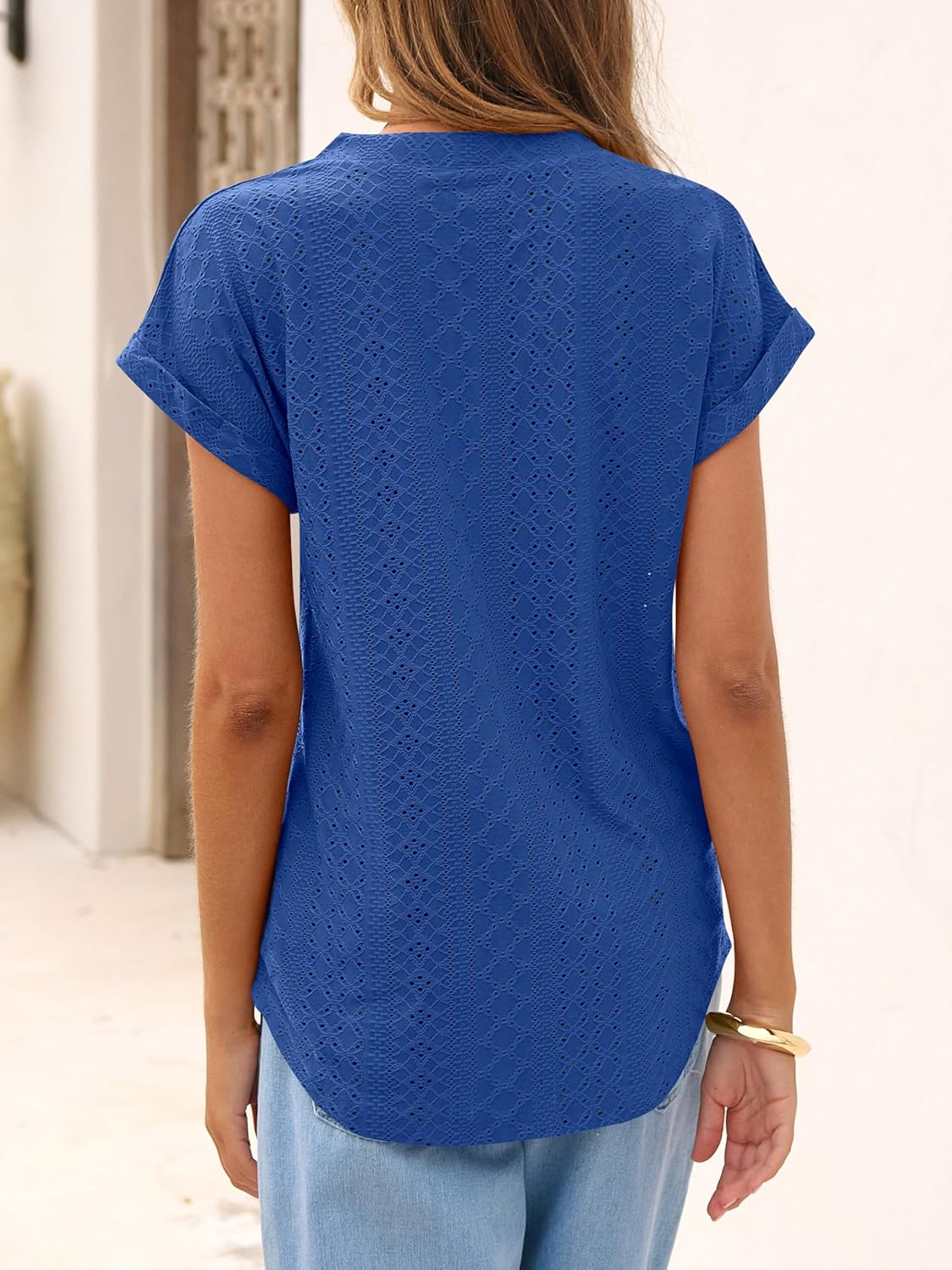 ANRABESS Women Tops Short Sleeve V Neck Eyelet Shirts Dressy Casual Blouses 2026 Summer Tee T-Shirts Vacation Outfits - Image 4