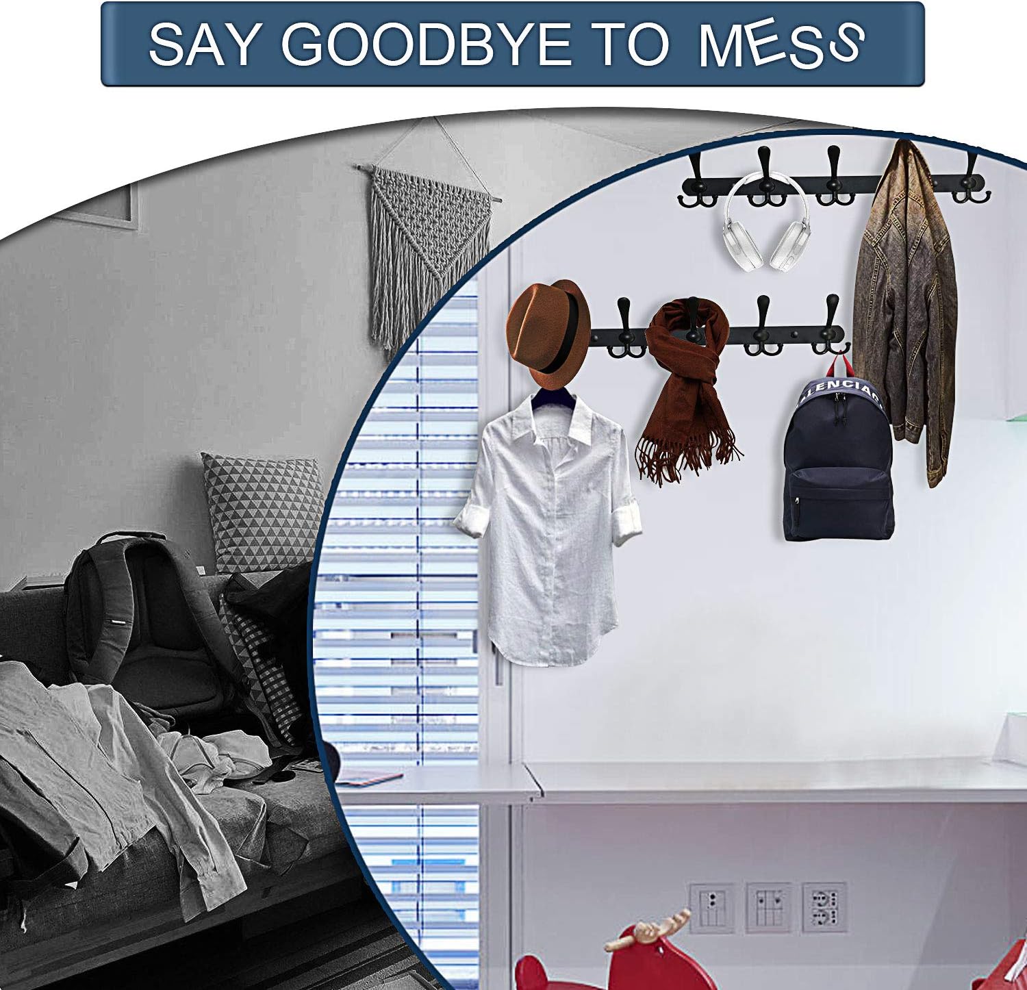 ANEDER Coat Rack Wall Mount Wall Hooks Hat Rack Adhesive Wall Hooks Rail Heavy Duty Wall Rack with 5 Tri Hooks for Coat Hat Towel Purse Robes (Black, 2 Packs)