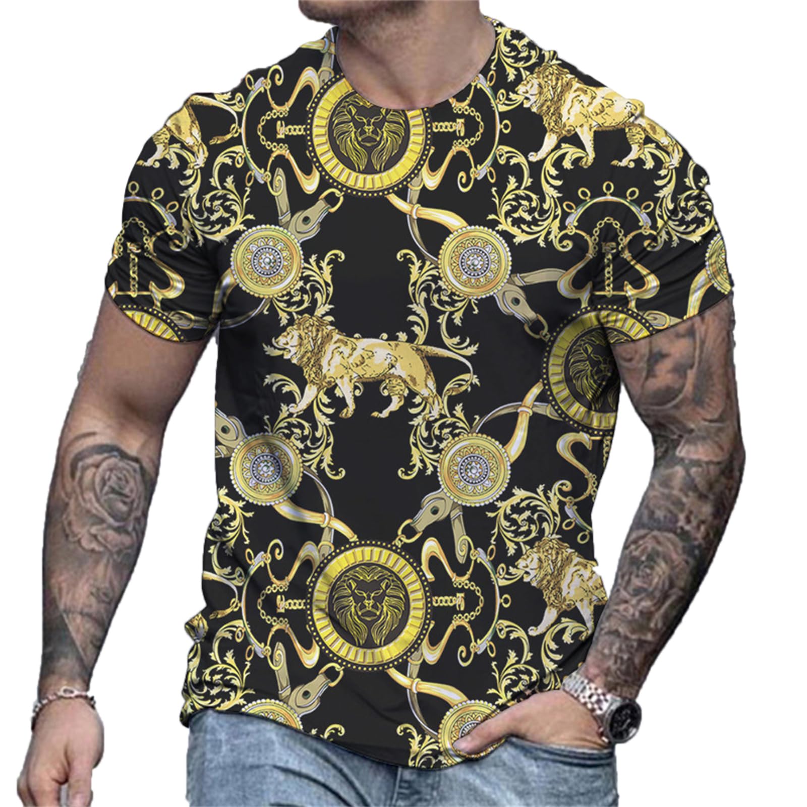 Famesale Men's # 1 T-Shirts Gold Chain Lion 3D Printed Short-Sleeved Round Neck T Shirt Hip Hip Streetwear Tops