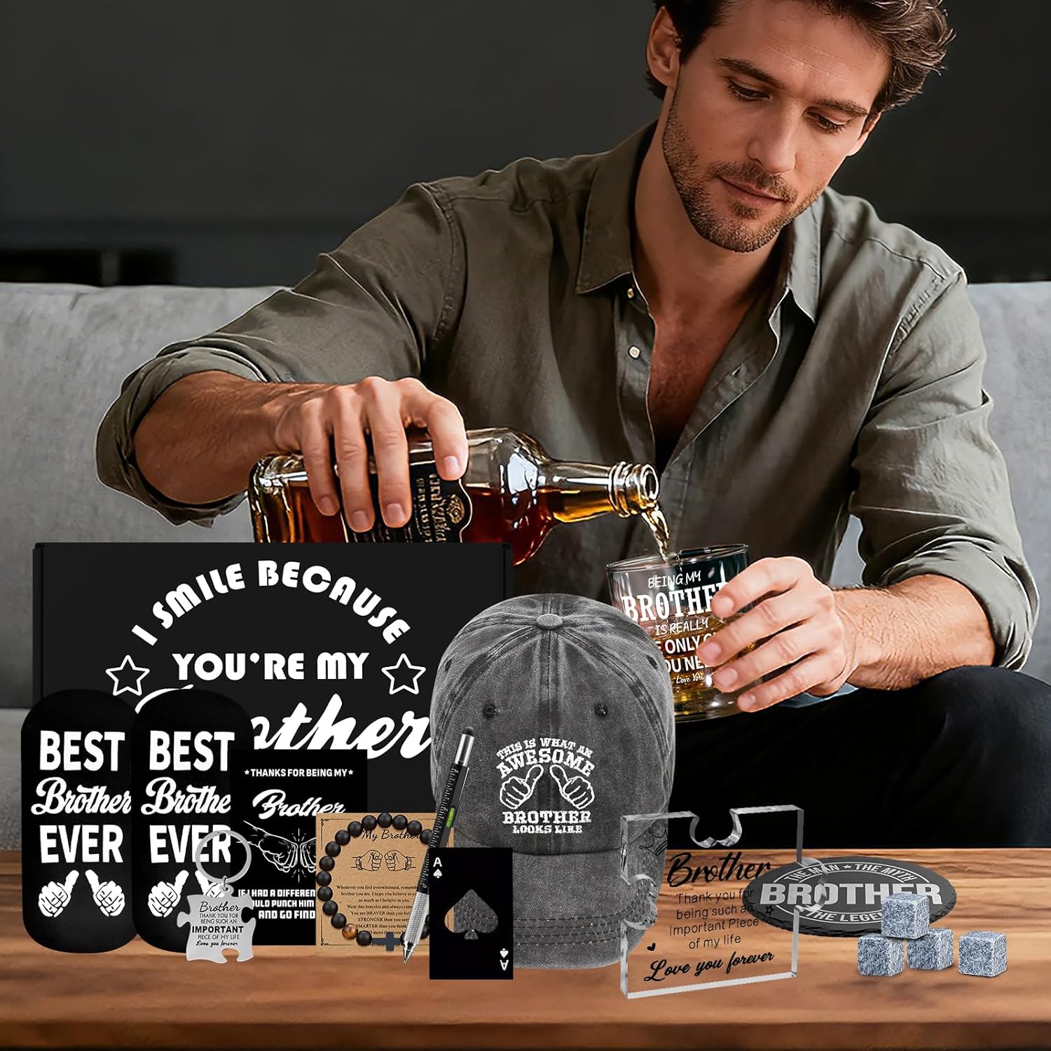 15 Pcs Brother Gifts from Sister Brother with 11 Oz Whiskey Glass Coaster Hat Socks Acrylic Plaque Bracelet Keychain, Birthday Christmas Christian Gift for Men Son Nephew Grandson - Image 2
