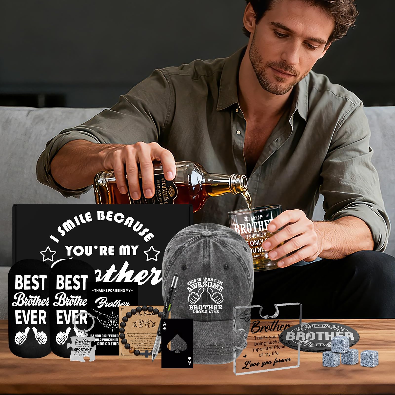 15 Pcs Brother Gifts from Sister Brother with 11 Oz Whiskey Glass Coaster Hat Socks Acrylic Plaque Bracelet Keychain, Birthday Christmas Christian Gift for Men Son Nephew Grandson