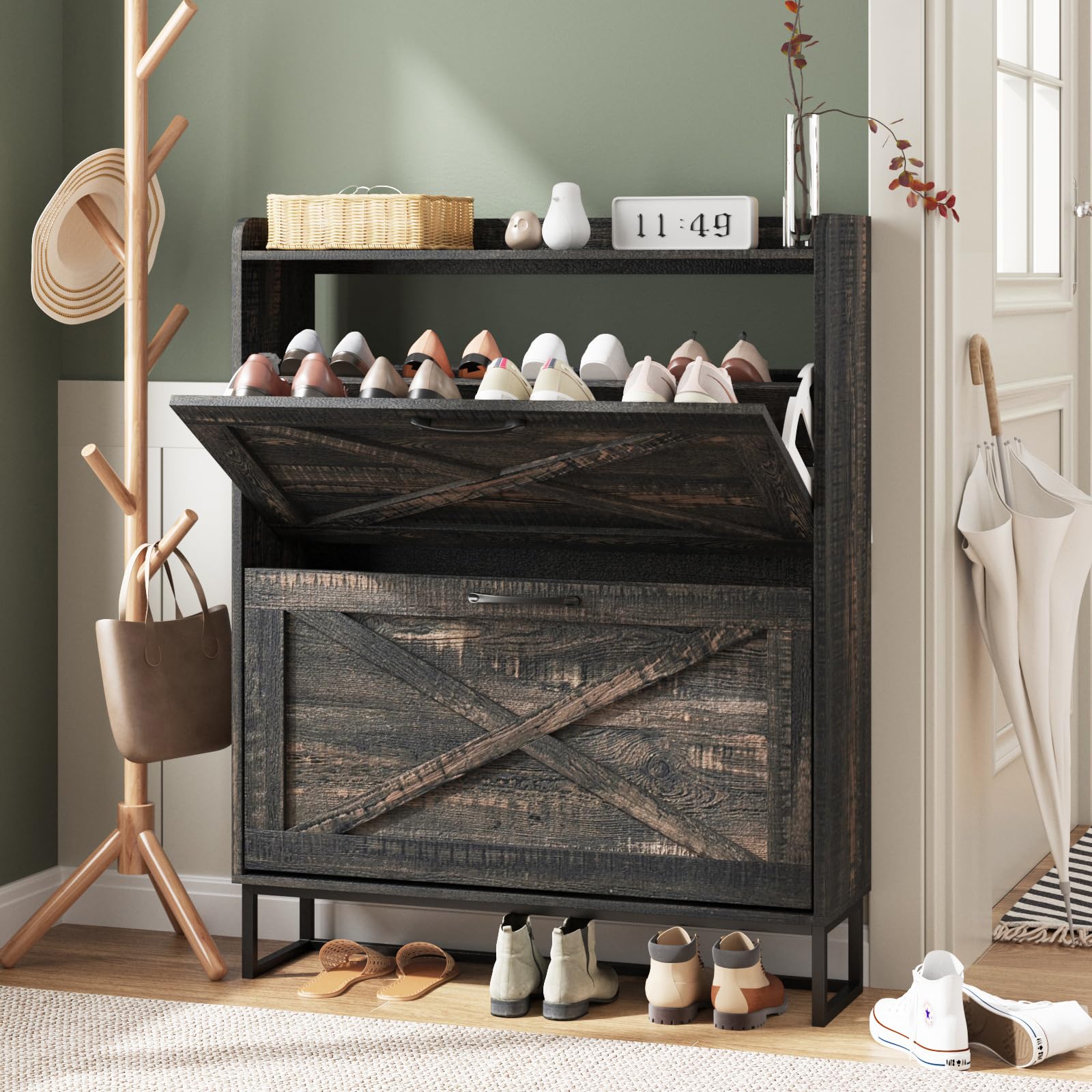 Maupvit Shoe Storage Cabinet with 2 Flip Drawers, Freestanding Organizer with Metal Legs for Entryway, Narrow Shoe Rack Cabinet, Dark Rustic Oak