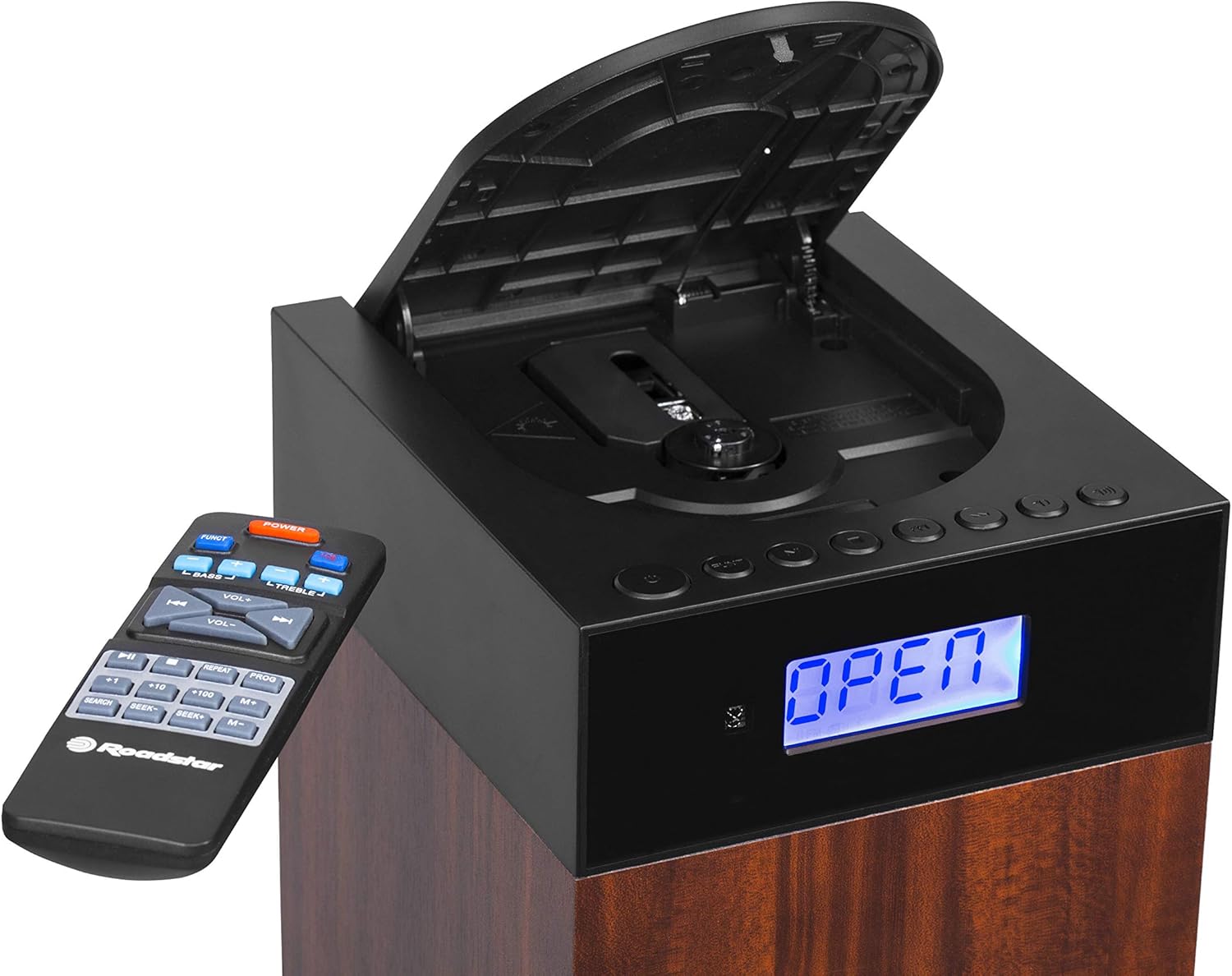 Depan dan atas view of the Roadstar TSPK-990CDBT with the CD lid open and remote control.