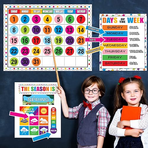 Miniatura 6 de Juego de tablones de anuncios con calendario colorido, calendario de estaciones, tabla de clima, tablón de anuncios CTP y decoración de aula con