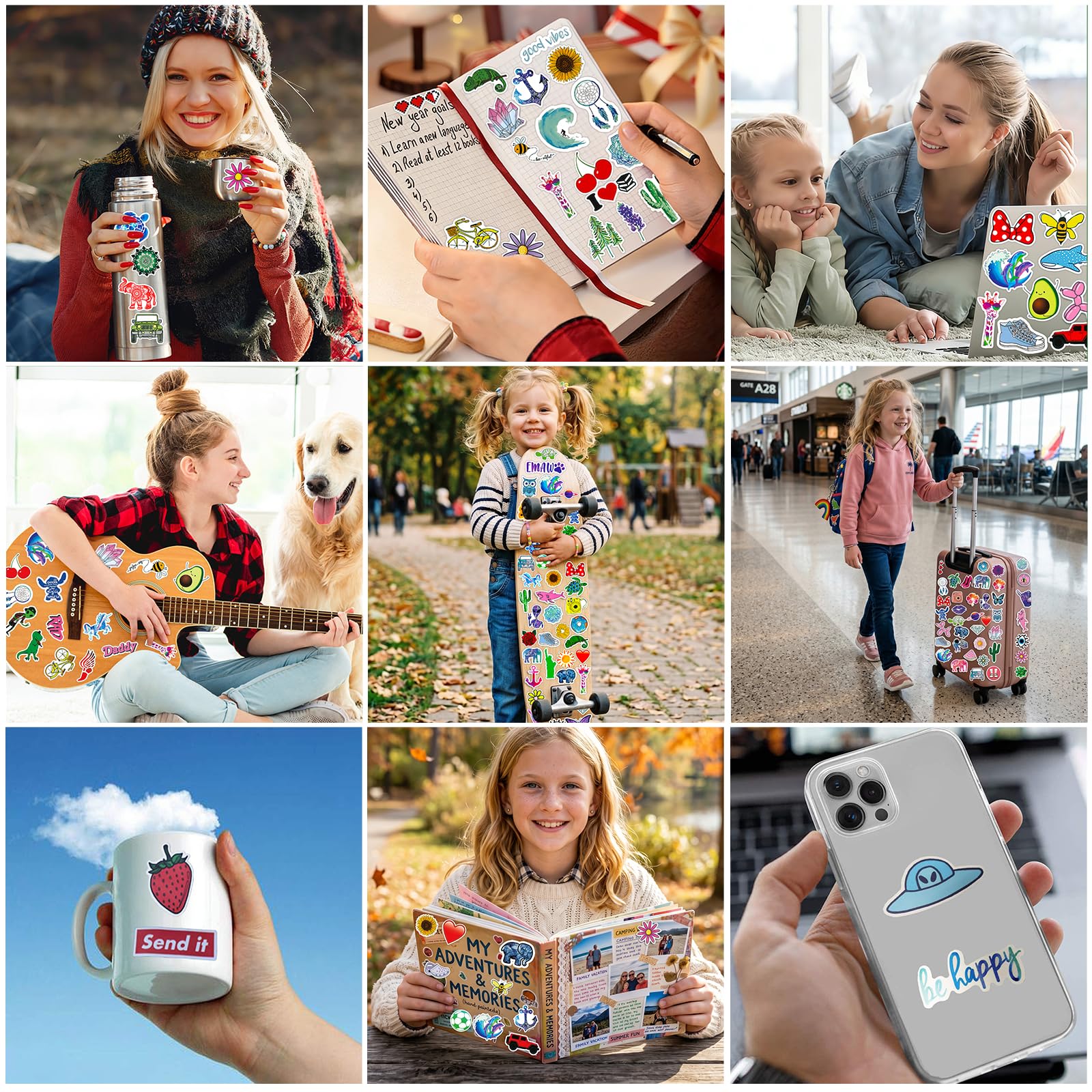 Adesivi 300 Pezzi Stickers Colorati Carini, Adesivi Vinile Impermeabili, Adesivi per Scrapbooking Laptop Macbook Computer Portatile Phone Bottiglia Skateboard Chitarra Journal Valigia Scooter ecc