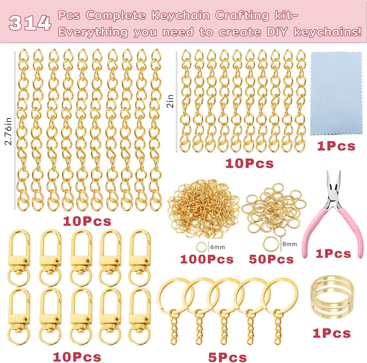 XUMGCUTM 314Pcs Key Chain Making Kit DIY Lip Gloss Keychain Supplies 126 Charms 150 Jump Ring 15 Keychain Clips 20 Extender Chain,Bag Charm Kit for Crafting and Jewelry Making (Style-1) - Image 3