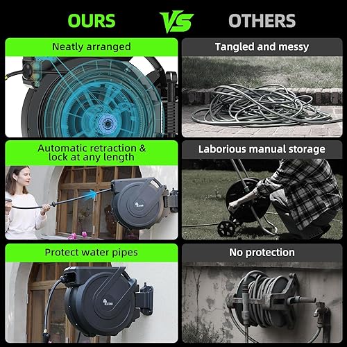 Miniatura 6 de Carrete de manguera de jardín retráctil de 58 pulgadas x 100 pies, carrete de manguera automático con boquilla de 7 patrones, bloqueo de cualquier