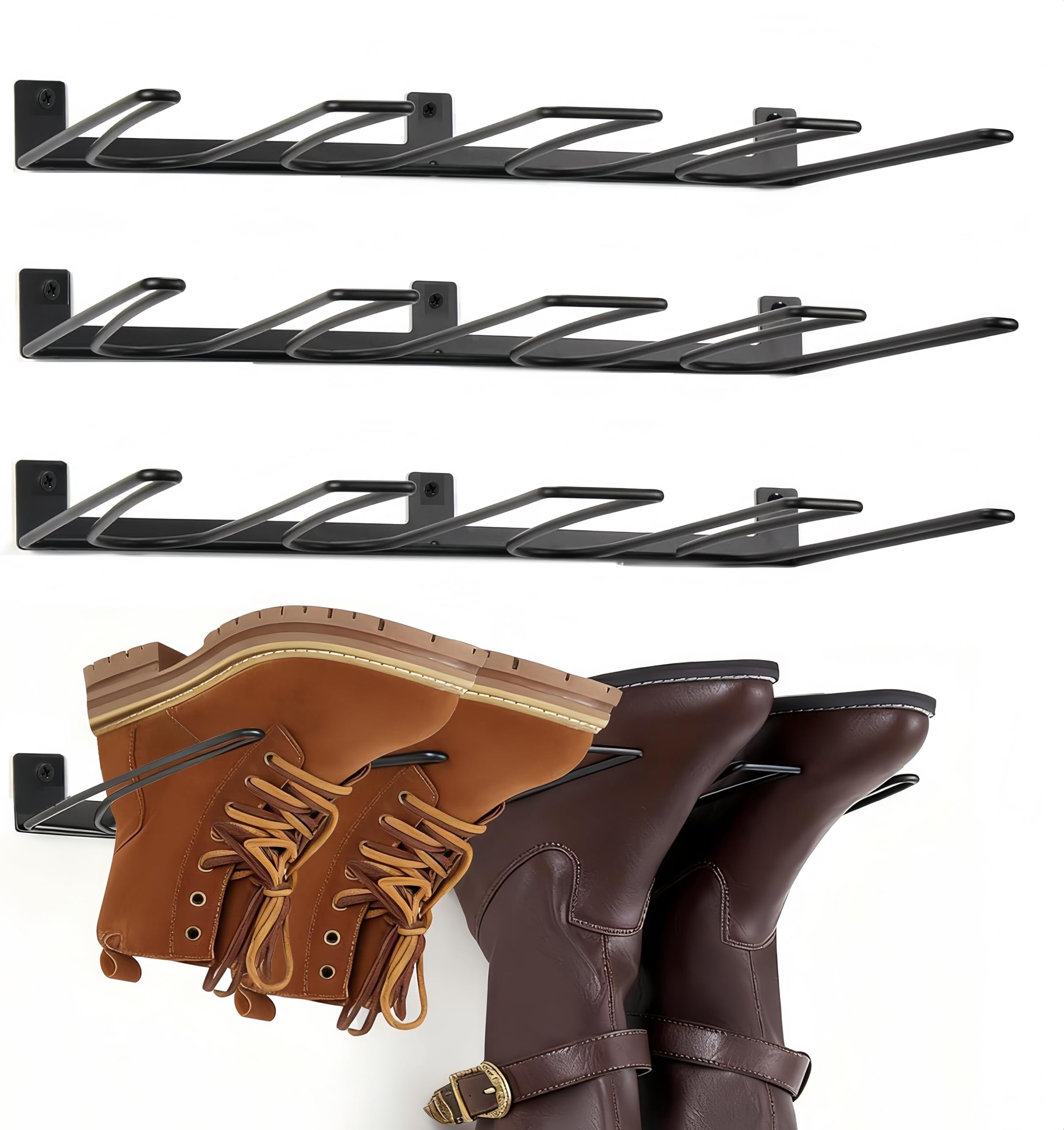Boot Rack Wall Mounted 8 Pairs Boot Storage Organizer for Tall Boots, 4 Pack Sturdy Metal Cowboy Boots Holder Wader Hangers Shoe Rack for Closet, Entryway, Garage, Outdoor Drying, Black