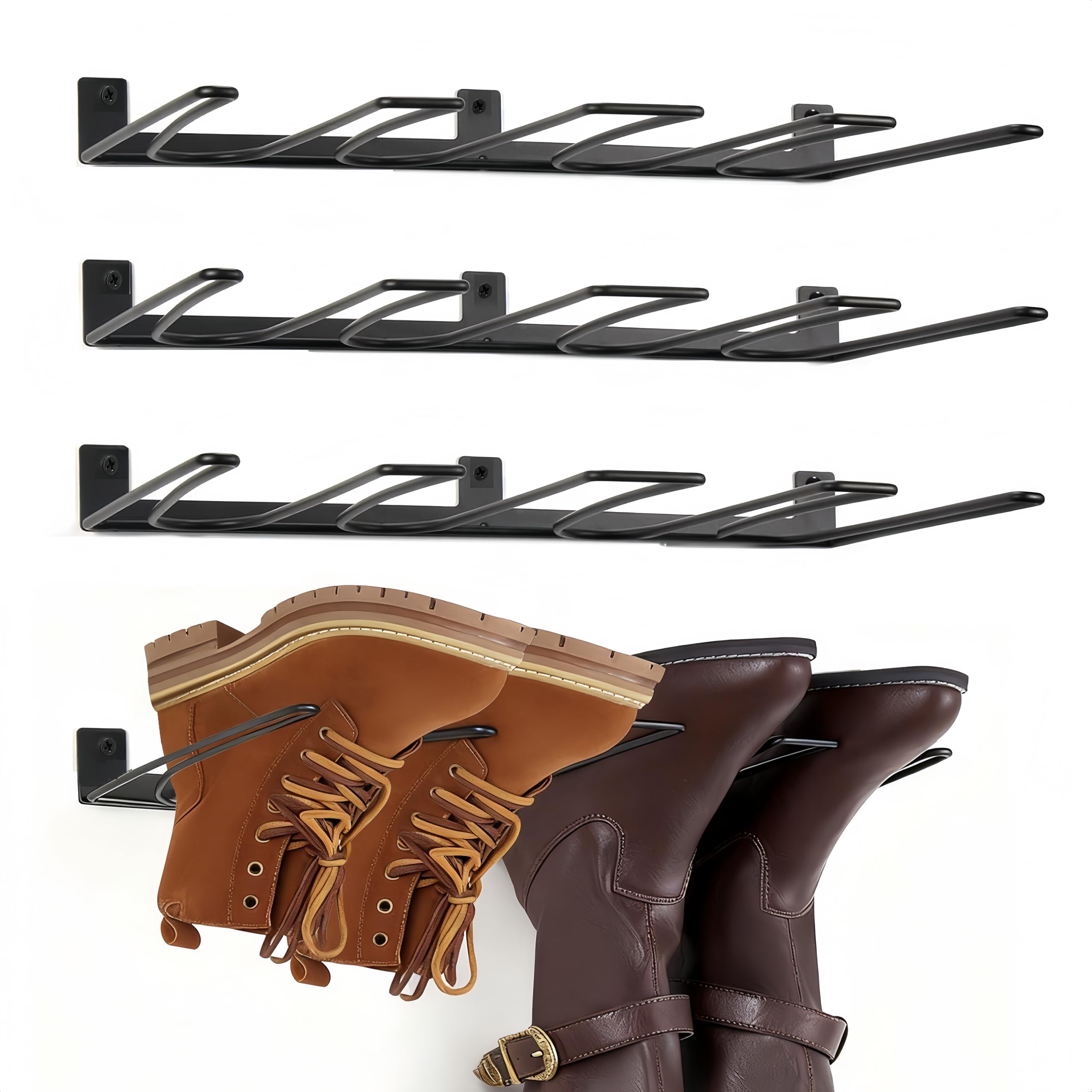 Boot Rack Wall Mounted 8 Pairs Boot Storage Organizer for Tall Boots, 4 Pack Sturdy Metal Cowboy Boots Holder Wader Hangers Shoe Rack for Closet, Entryway, Garage, Outdoor Drying, Black