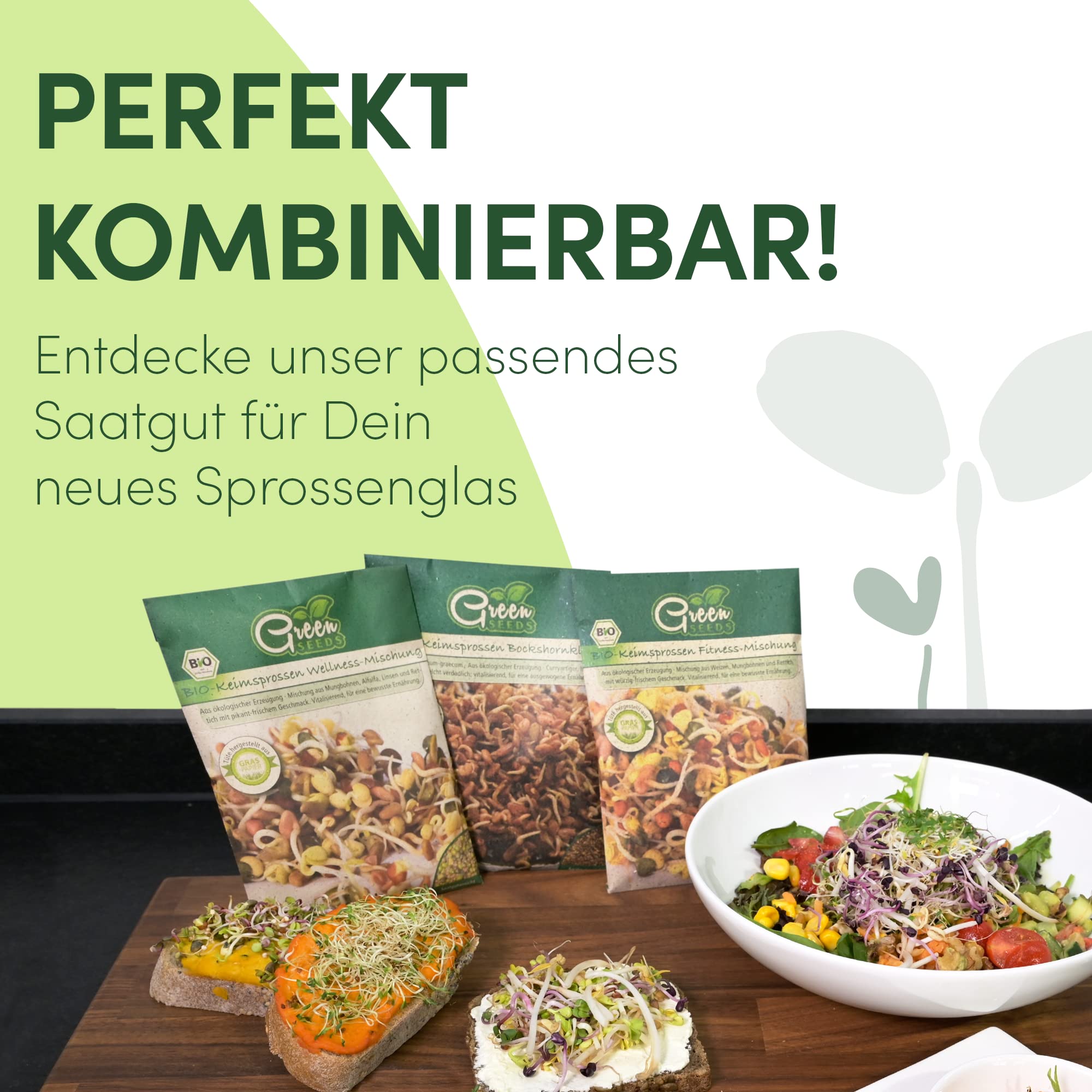 Green SEEDS® [Das Original Sprossenglas 2er Set + KRESSESIEB mit hochwertigem Edelstahl-Gitterdeckel, Ständer, Keramikschale + Sprossen-ABC [Druckversion] Keimglas Anzuchtset