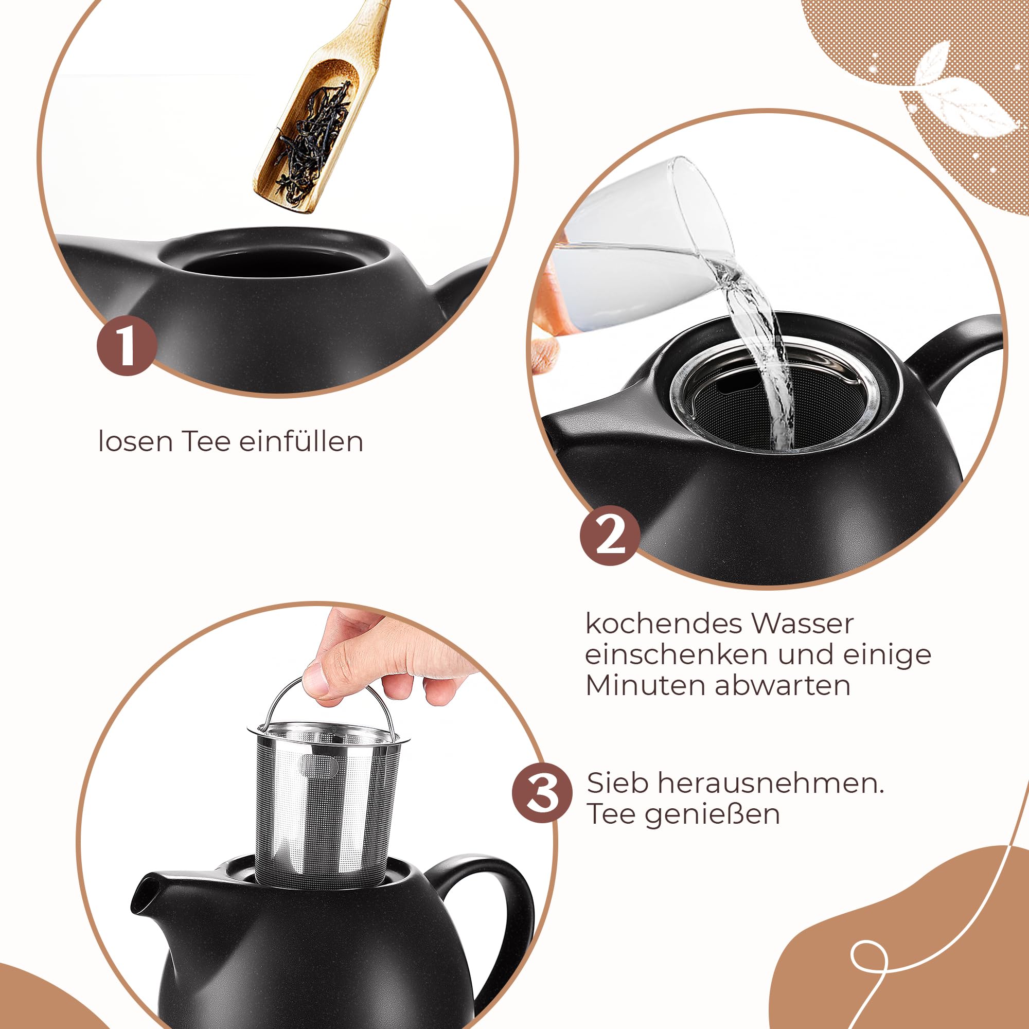 Teekanne mit Stövchen Set - 1,2 l - Teekanne mit Siebeinsatz und Stövchen - Keramik - Schwarz - Tee Zubehör - mit Kerzenwärmer