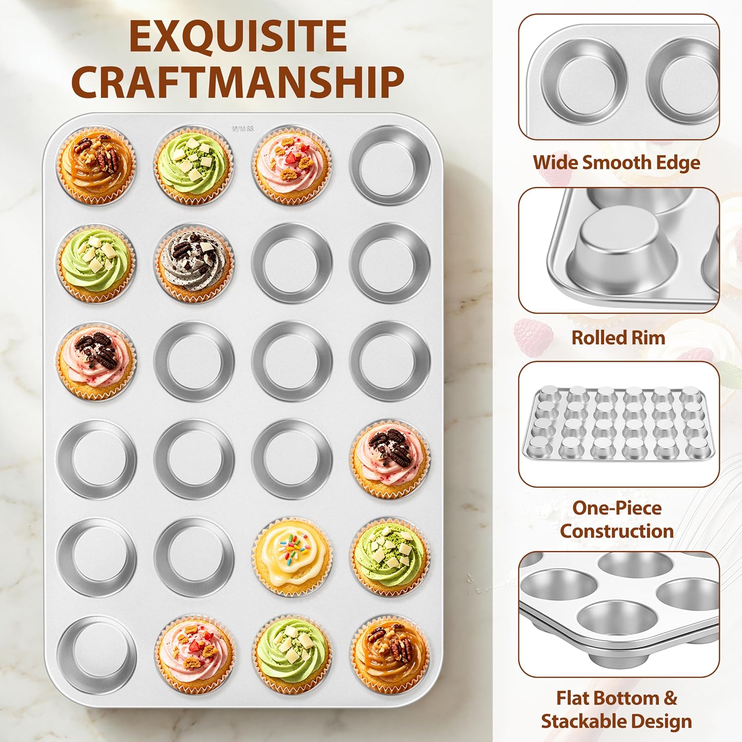 E-far Mini Muffin Pan Tin, 24-Cup Stainless Steel Mini Cupcake Pan, 1 Pack