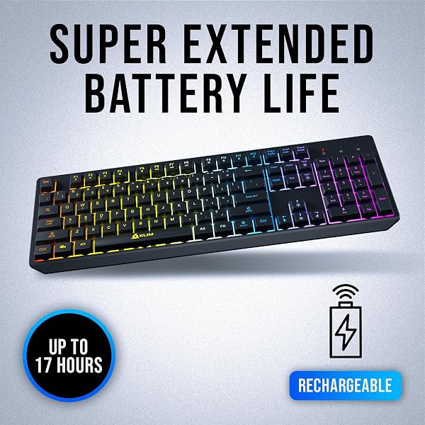 KLIM Chroma Wireless Gaming Keyboard RGB New - Long-Lasting Rechargeable Battery - Quick and Quiet Typing - Water Resistant Backlit Wireless Keyboard for PC PS5 PS4 Mac - Black - 3
