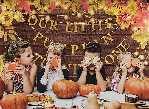 Miniatura 5 de Funnytree Our Little Pumpkin is Turning One Fall Decor Props Kit  un telón de fondo de 5.9 x 3.6 pies, tarjetas, cinta, juego de suministros para