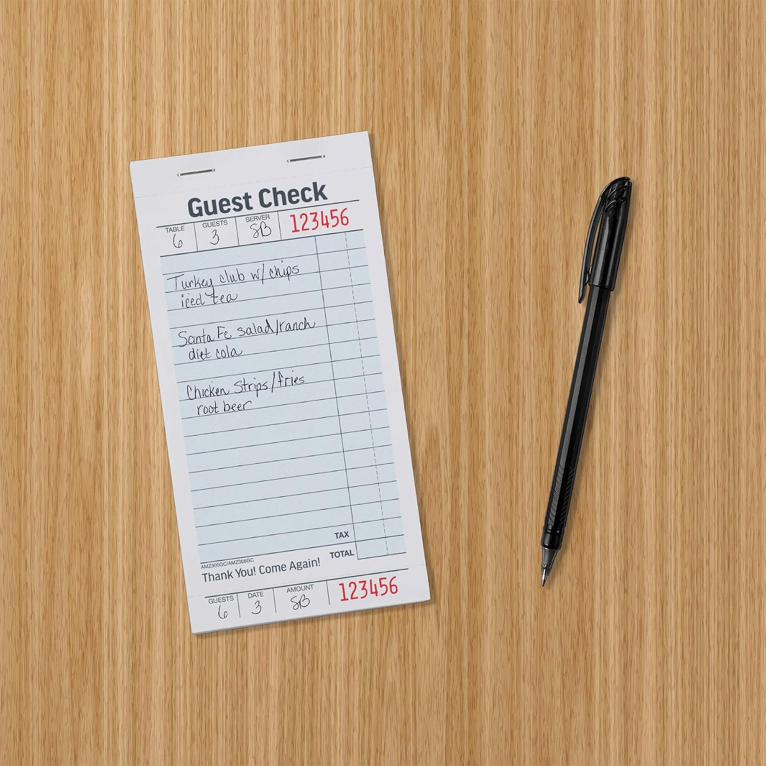 AmazonCommercial Guest Check Pads, Single Part, Perforated, White, 3-2/5" x 6-3/4 ", 50 Sheets per pad, 5 Pack