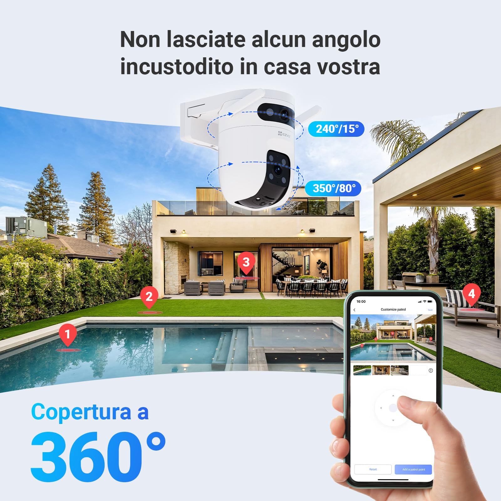 EZVIZ 10MP (5MP+5MP) Telecamera WiFi Esterno con Doppia Lente, Telecamera per Esterni a 360°, Visione Notturna a Colori, Rilevamento Persone/Veicoli, Audio Bidirezionale, Impermeabile, C9c Dual 3K