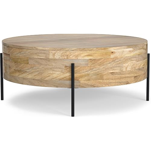 SIMPLIHOME Rayburn Drum Coffee Table - 38 inch Wide Solid Mango Wood Round Living Room Table in Refined Natural, Modern Industrial Center Table for Family Room with Black Metal Legs and Large Surface
