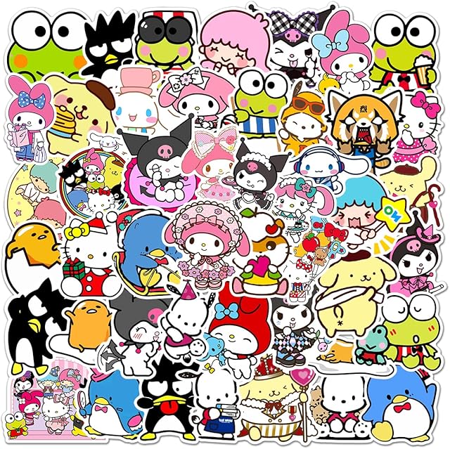 Yangsiw Kawaii Stickers,Hellokitty Stickers and Friends, My Melody and Kuromi Stickers, Cinnamoroll, Keroppi, Pompompurin Vinyl Stickers 50pcs