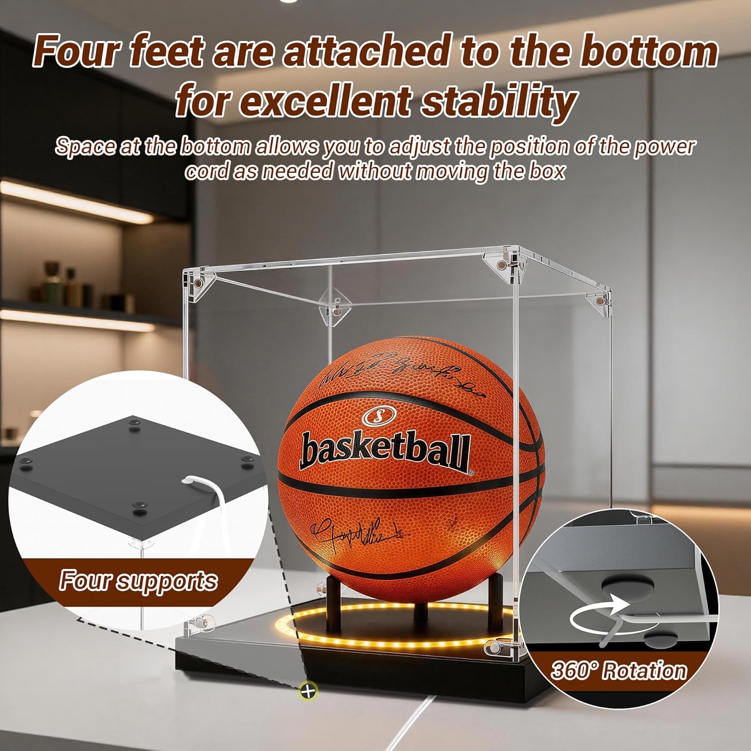 Basketball Display Case with Light, UV Protected Basketball Stand Box Full Size for Basketball Fans & Collectors, Sports Collectibles, Applicable to Standard NBA WNBA Ball Memorabilia Gifts