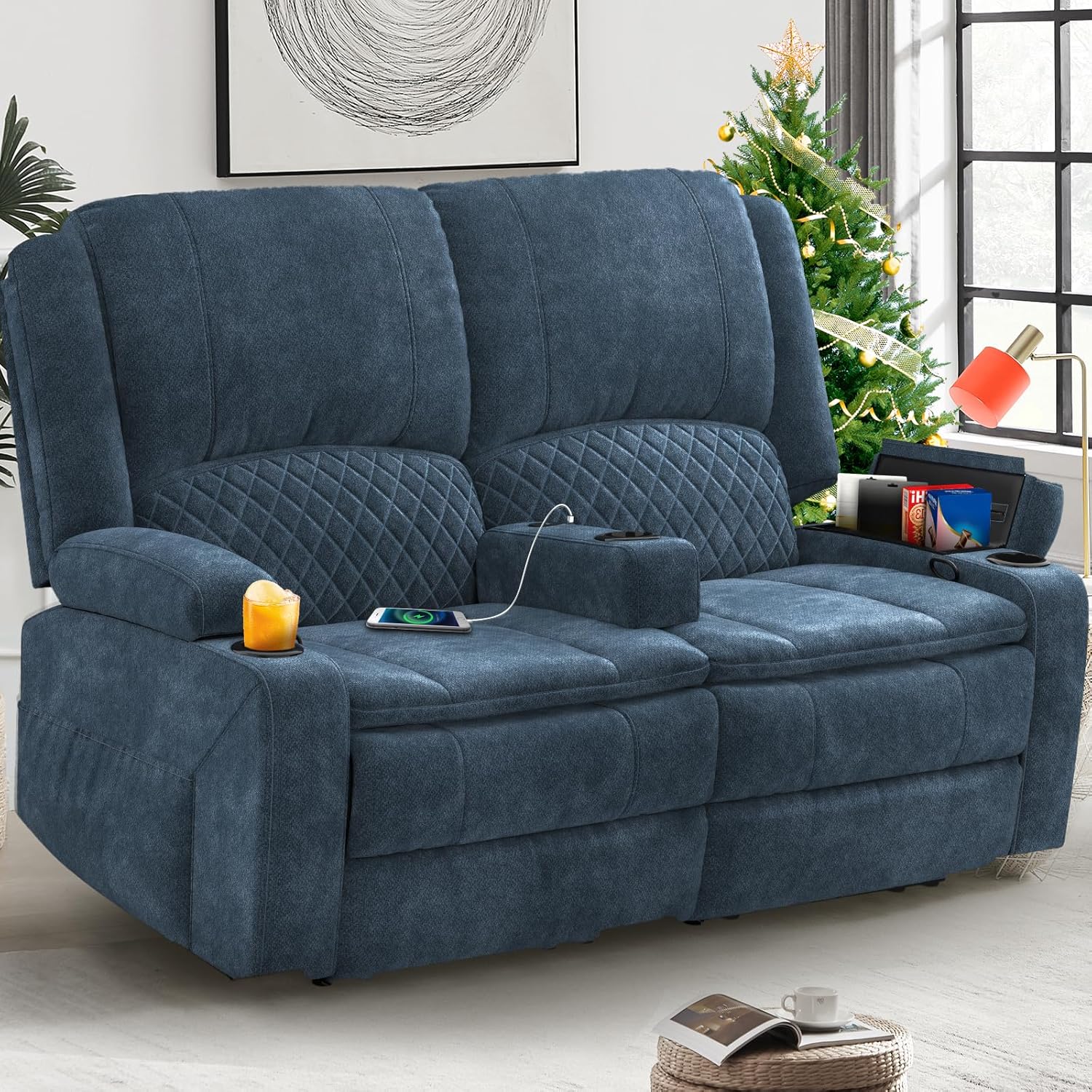 Yolsali Loveseat Recliner Sofa, Manual Reclining Loveseat with Removable Armrest, Dutch Velvet 2 Seater Couch for RV with 2-Tier Cushions, USB Charging Ports, Cup Holders - Blue