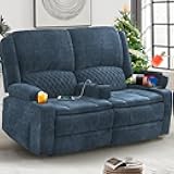 Yolsali Loveseat Recliner Sofa, Manual Reclining Loveseat with Removable Armrest, Dutch Velvet 2 Seater Couch for RV with 2-Tier Cushions, USB Charging Ports, Cup Holders - Blue