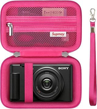 Hard Travel Case for Sony ZV-1F / ZV-1 / ZV-1 II Digital Camera, Vlogger Camera Storage Holder Travel Bag with Zipper Mesh Pocket for Battery Pack, Charging Cable, USB Card, Rosered