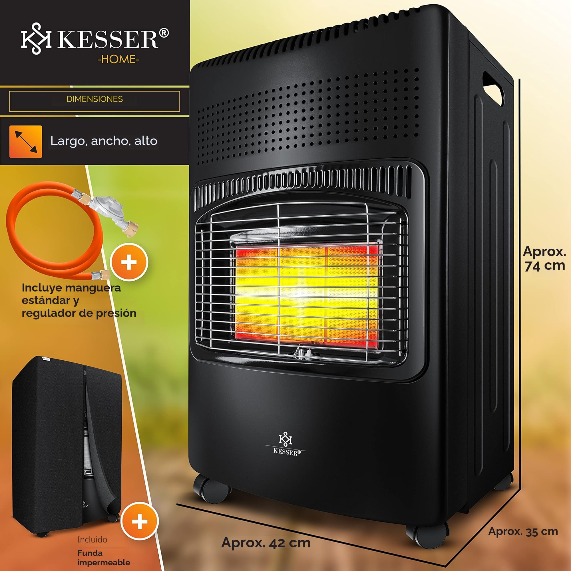 KESSER® El calentador cerámico de gas de 4200W, incl. regulador y manguera de gas, calentador con quemador cerámico de infrarrojos, bombonas hasta 15kg