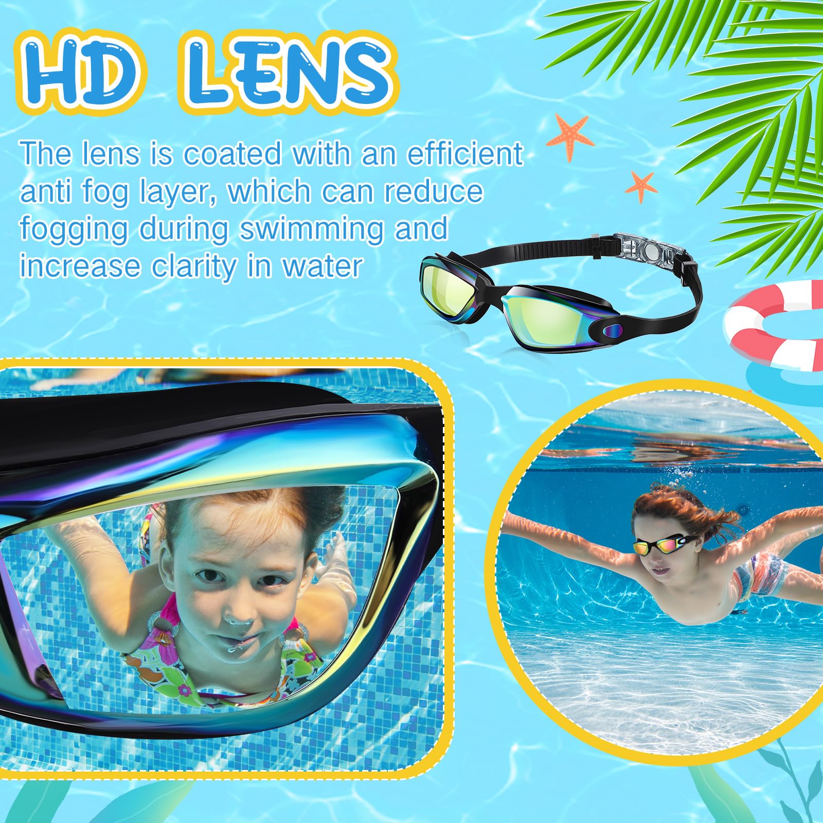 Flutesan Schwimmbrille aus Silikon, Anti-Beschlag-Schwimmbrille mit Nasenklammer, Ohrstöpsel, für Erwachsene und Kinder, 3 Farben, 3 Stück