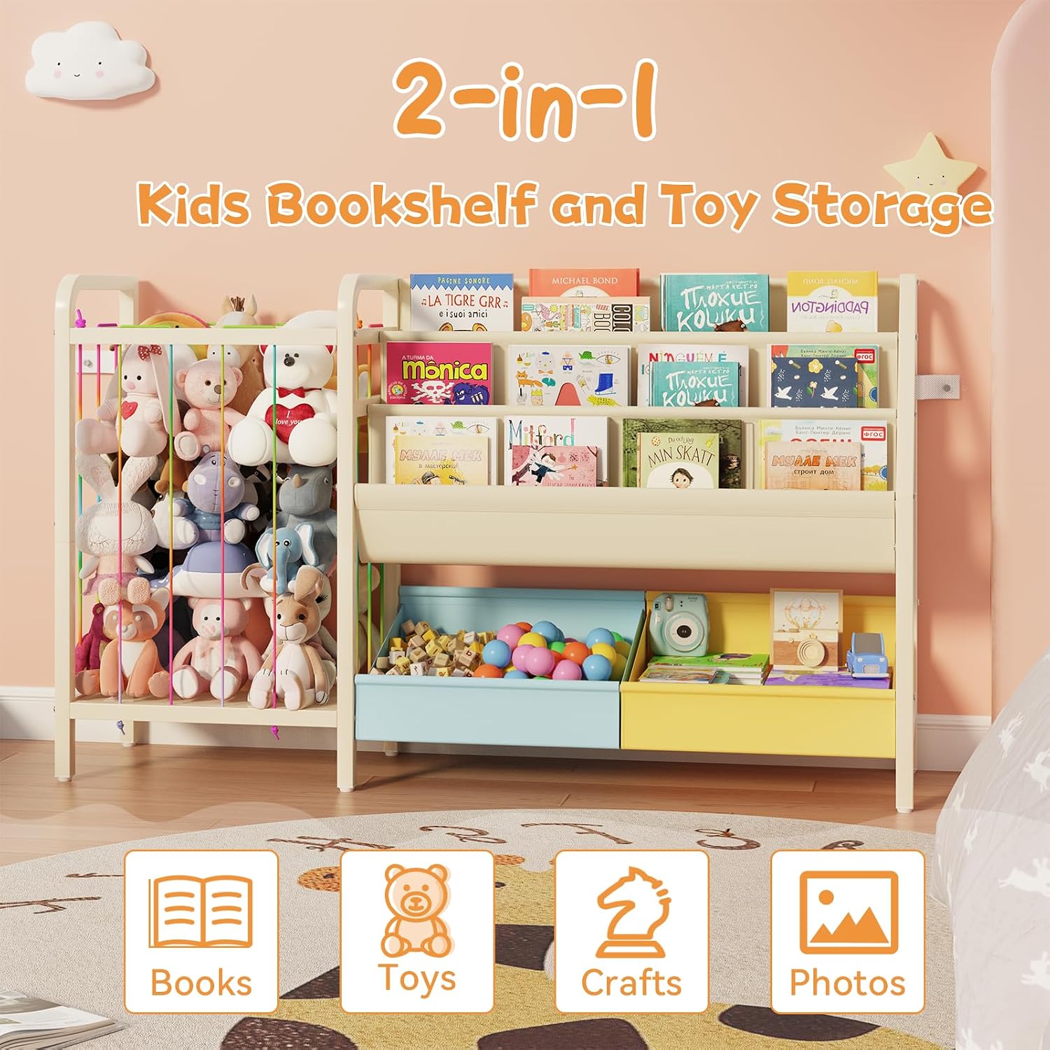 B5 Kids Bookshelf and Toy Storage, Book Shelf for Kids Rooms, Sling Toddler Book Shelves with Stuffed Animal Storage, Montessori Baby Bookcase for Nursery, Bedroom, Playroom, Blue and Yellow