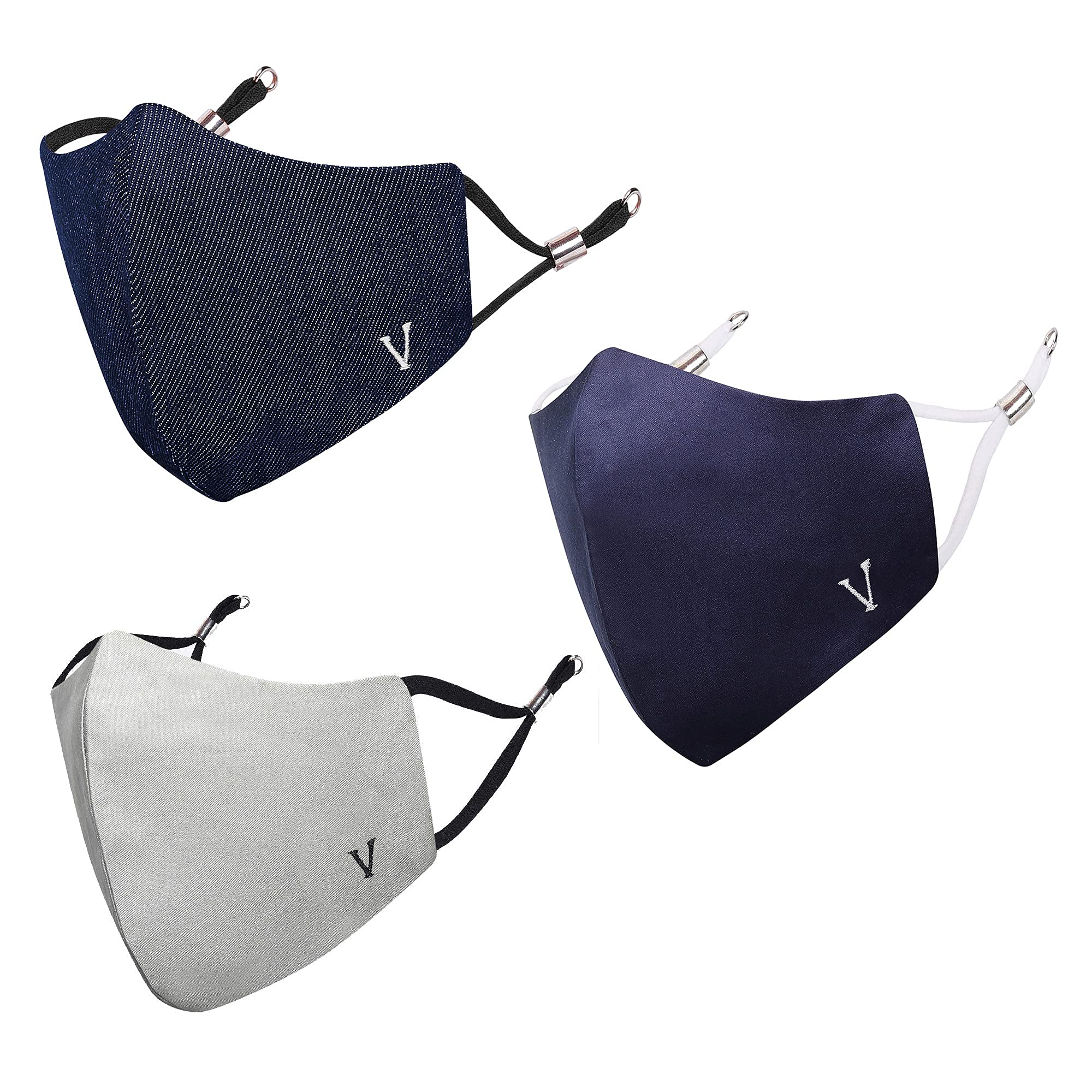 MASQ By Q-One Alphabet 4 Layer, Reusable, with Ear Adjusters, Anti-Bacterial (BFE>99%), Cotton Cloth Face Mask Combo for Unisex, Men, Women with Ear Adjusters(Large, Navy-Grey-Denim)