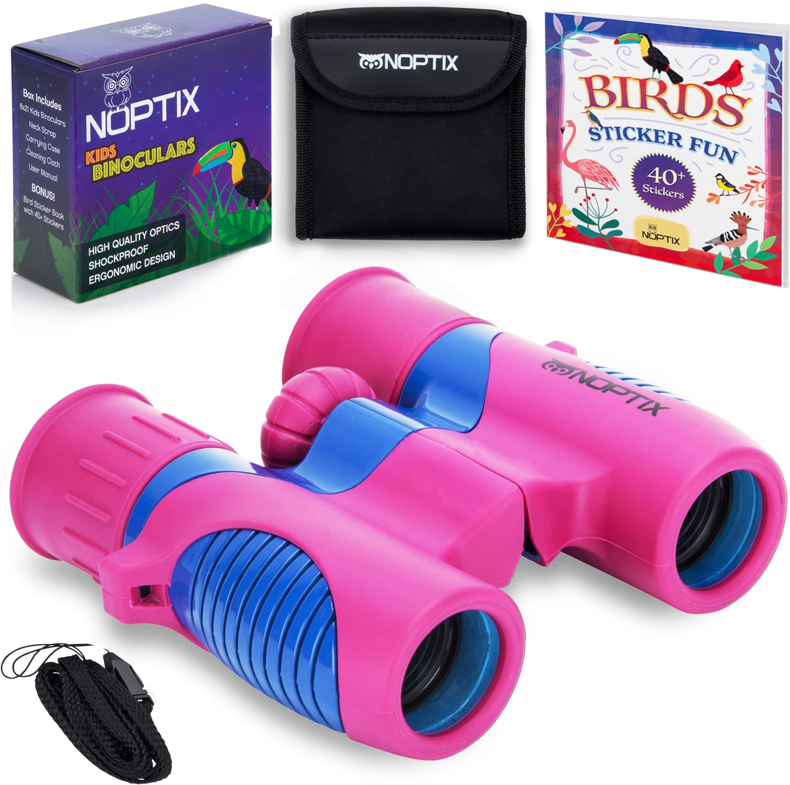 Kids Binoculars Real Binoculars in 2 Different Vibrant Color Options for Boys and Girls Ages 3 to 14 - Bonus Sticker Book of 40+ Birds with Species Names pink NOP-MN-BIN02