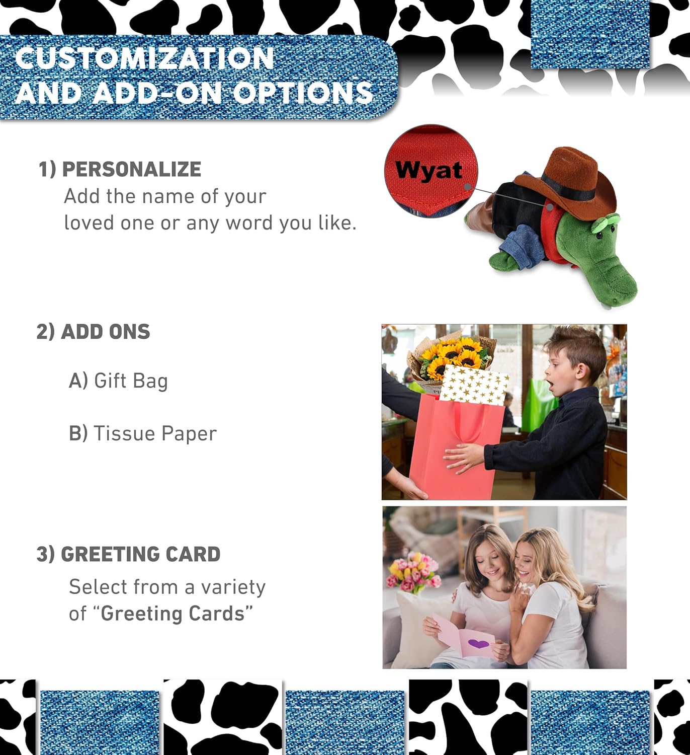 DolliBu Alligator Stuffed Animal Cowboy Plush with Name Personalization - Western-Themed Alligator Plush with Cute Cowboy Costume Denim Shirt Vest, Bandana, Leather Pants, and Hat - 7.5 Inches