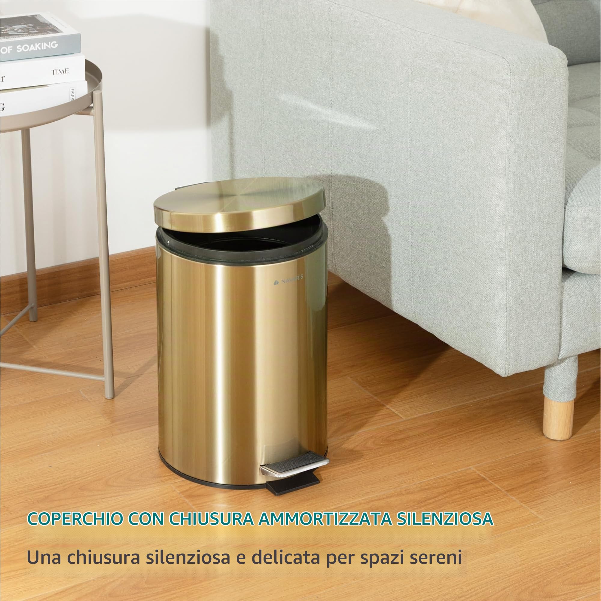 Navaris Cestino Bagno - Bidoncino Spazzatura 12 L - Pattumiera da Bagno Cucina e Ufficio - Cestino Rifiuti con Coperchio e Pedale - Bidone Umido con Secchio Interno Rimovibile - Oro