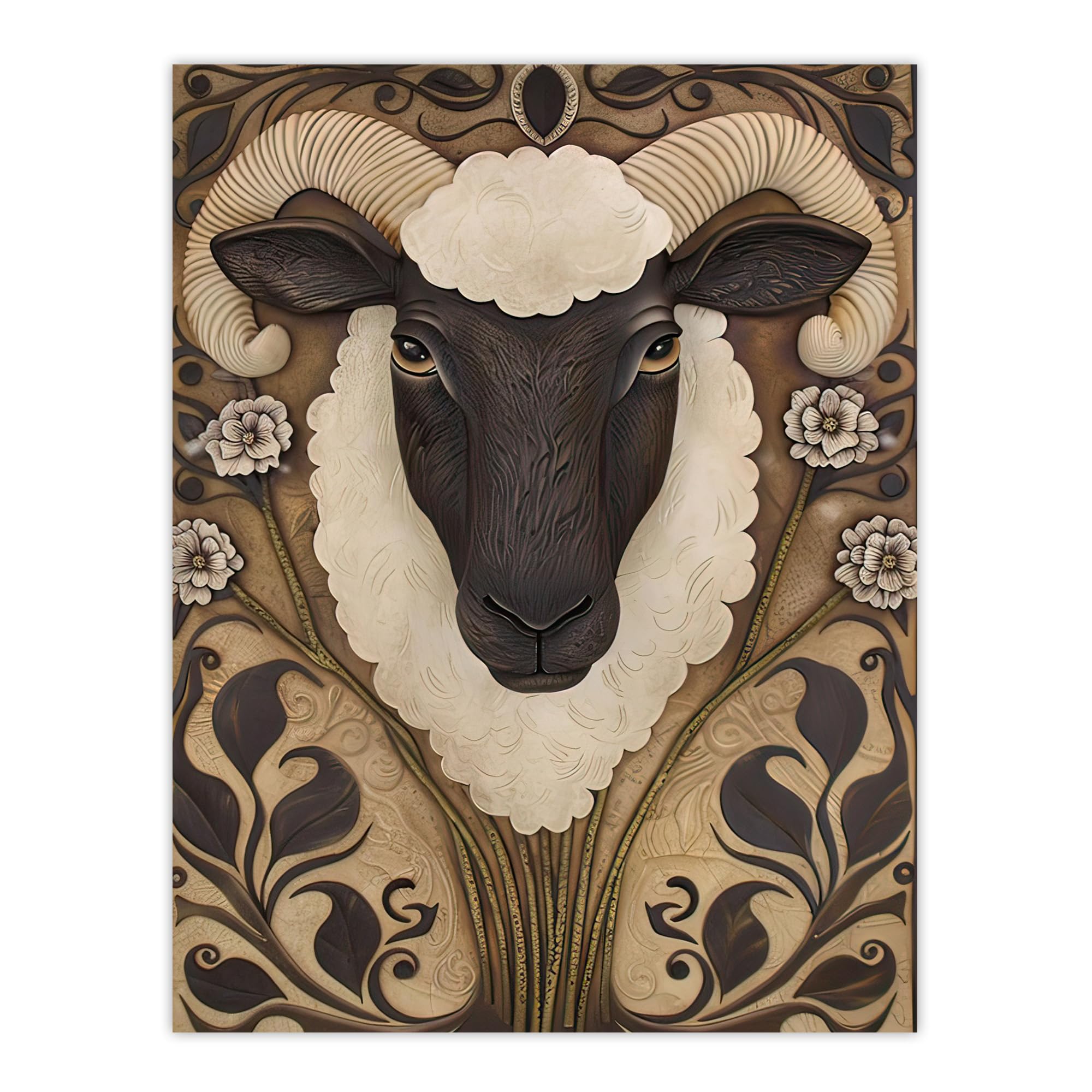 Artery8 Botanical Filigree Ram Sheep Head Wall Art Print Brown 18" x 24"
