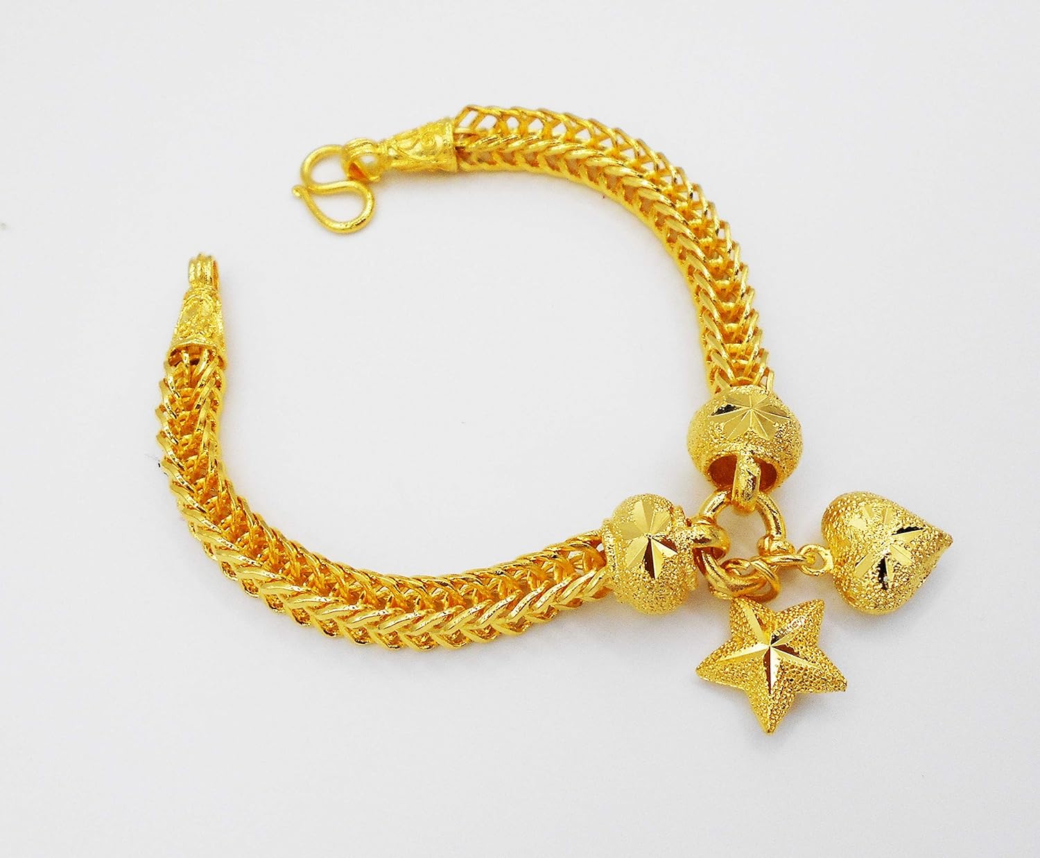 Heart & Star 22K 23K 24K THAI BAHT YELLOW GOLD Plated Jewelry Bracelet Bangle 7.5 inch Women
