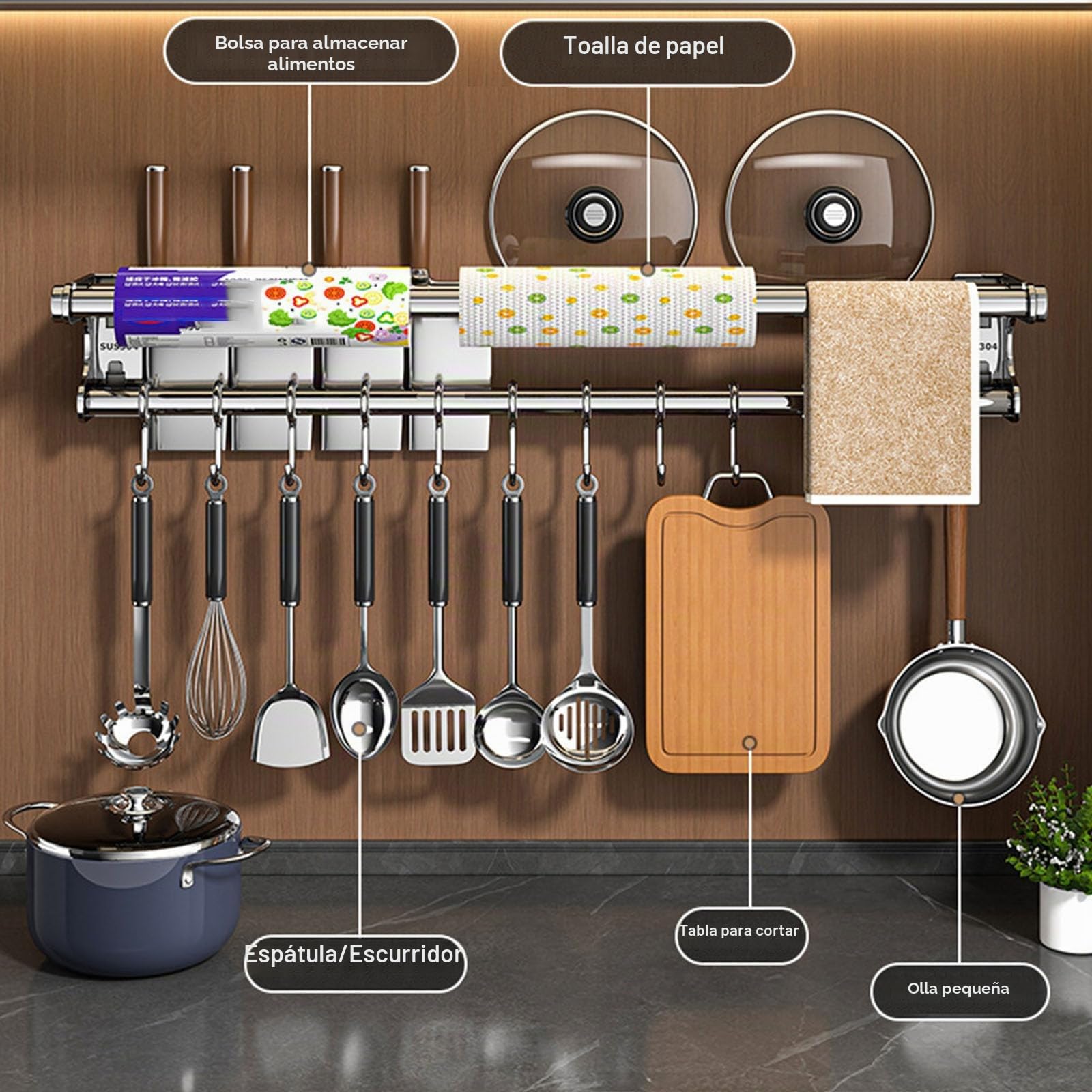 Varilla de pared del organizador de cocina,Estante de maceta colgante,Asistente de Chef de soporte de cocina, Estante de utensilios de cocina de ahorro de espacio con ganchos (Grey 50CM)