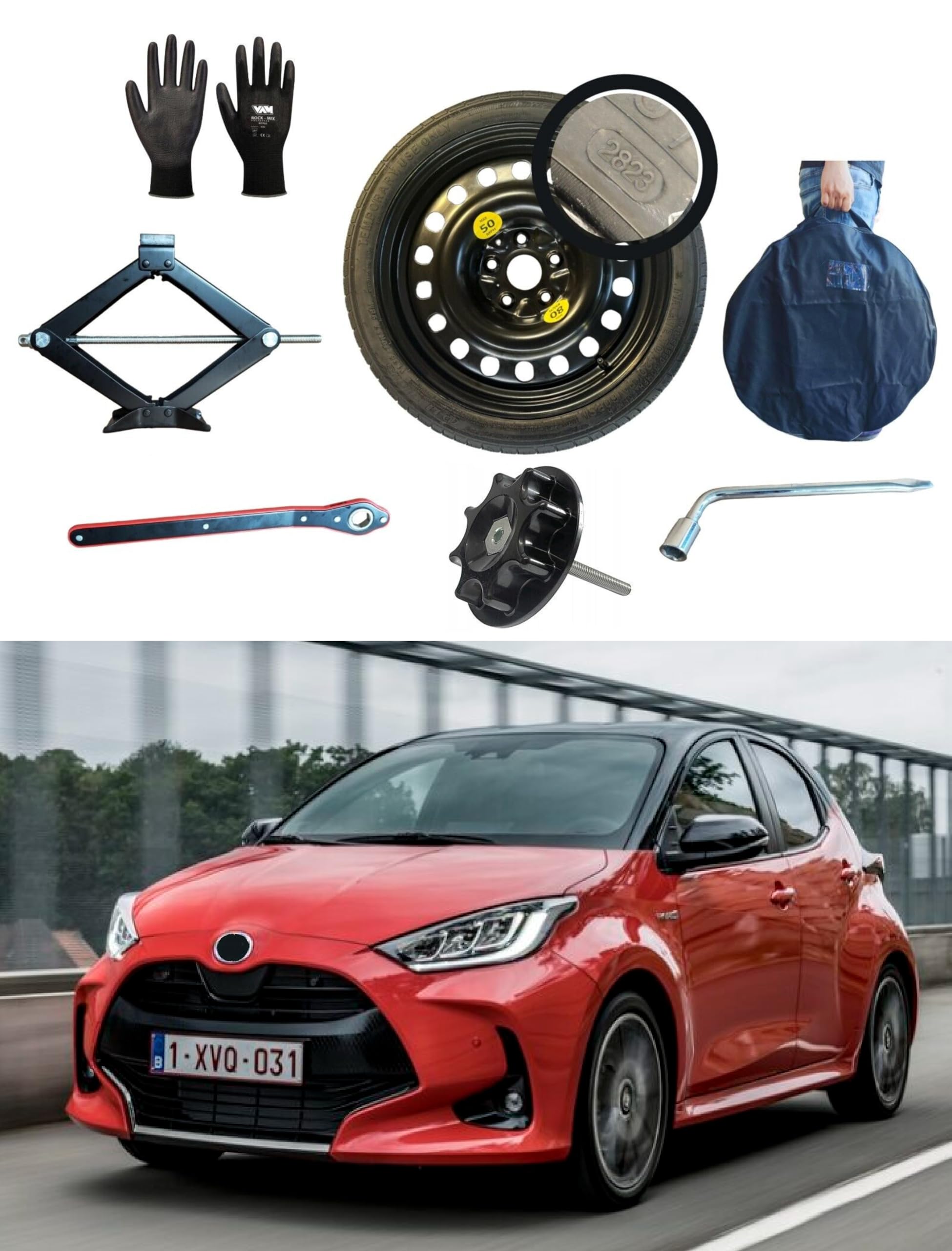 Kit de Rueda de Repuesto 17" compatible con Toyota Yaris con Gata, Llave, Guantes, Tornillo y Funda 125/70R17