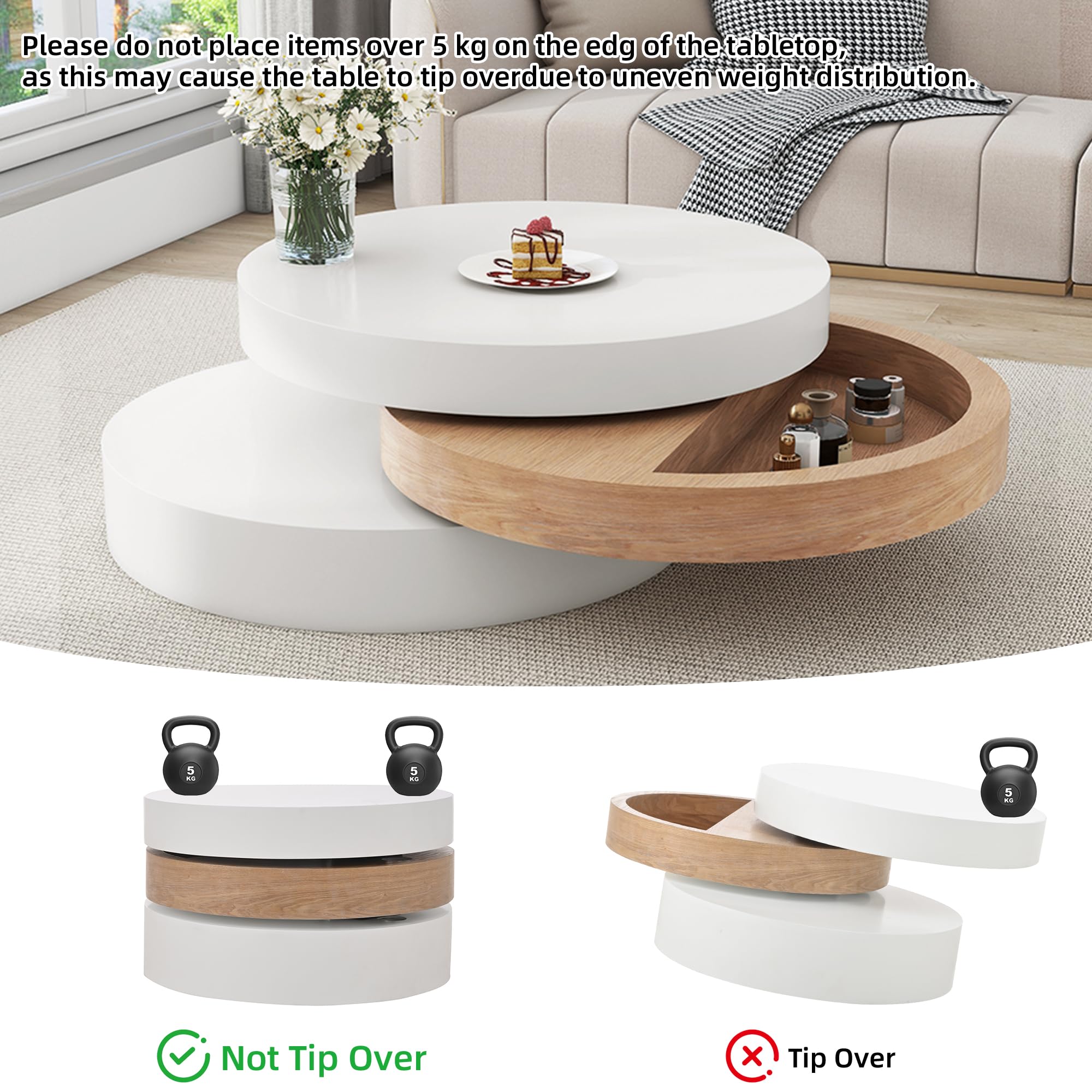 SUKY Mesa de centro cilíndrica, mesa superior giratoria 360°, mesa de salón, mesa de sofá de tres niveles, 3 estantes, capacidad de carga 30 kg, madera de sauce con espacio de almacenamiento, color