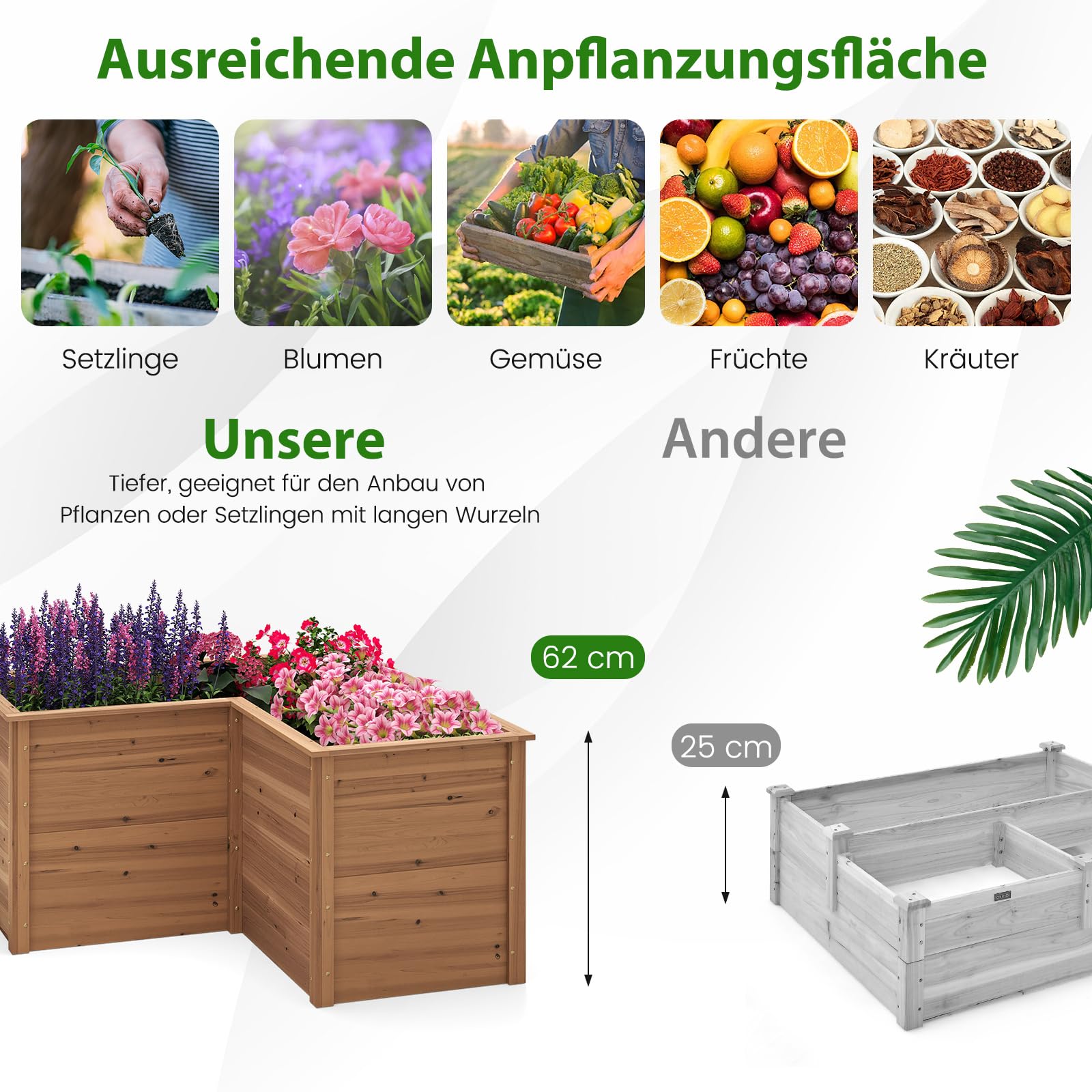 COSTWAY Erhöhtes Hochbeet Holz, Gartenbeet tief, Pflanzkasten mit offenem Boden, für Balkon Garten Terrasse, Pflanzenbeet L-förmig, Kräuterbeet Pflanzkasten, Tannenholz, 120 x 120 x 63 cm (Braun)