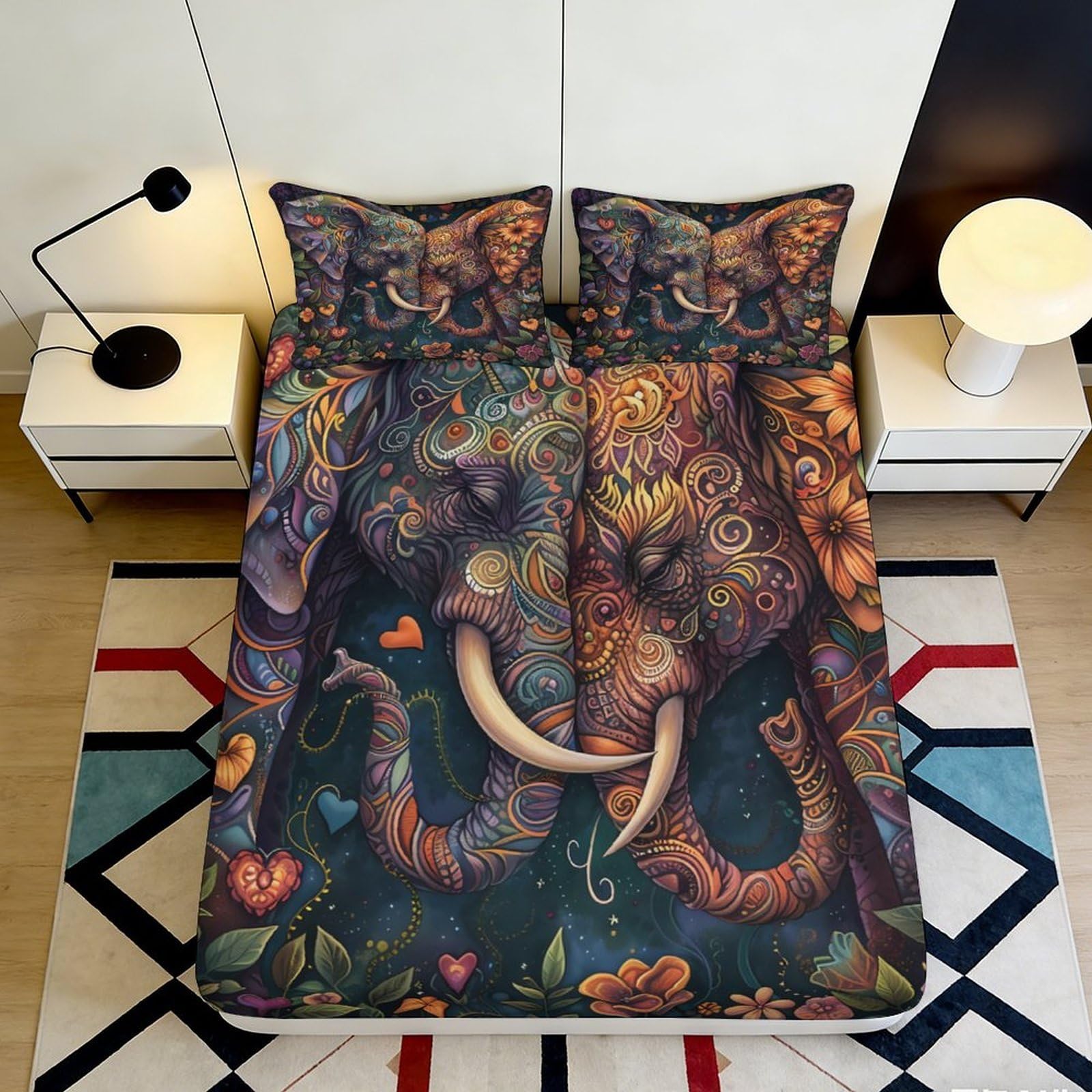 3D Printed Colorful Elephant Fitted Sheet Microfiber Soft Breathable Bed Cover for Bedroom Dormitory Guest Room Decoration 200x200x25cm
